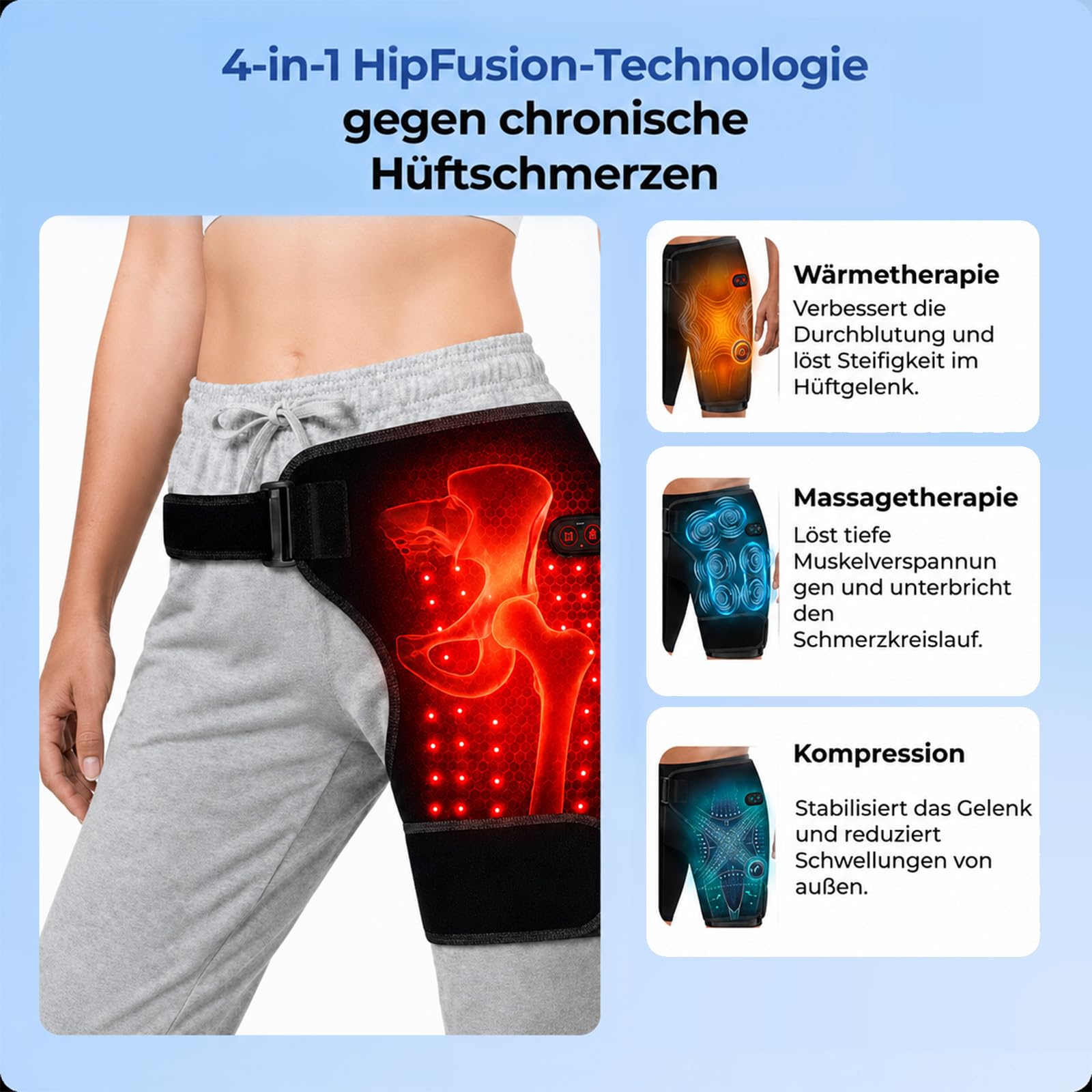 Hipora 4-In-1 Hüftmassager, Beheizbares Vibrations-Hüftmassagegerät, Wiederaufladbarer Massagegurt, Geeignet Für Gesäß, Hüfte Und Den Unteren Rücken (Schwarz)