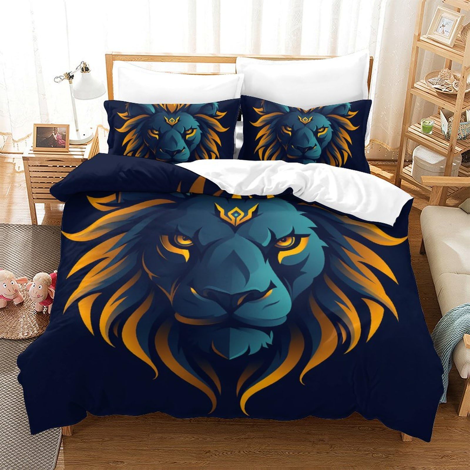 Housse de couette lion 3D 200x200 cm avec 2 taies d'oreiller pour lit double