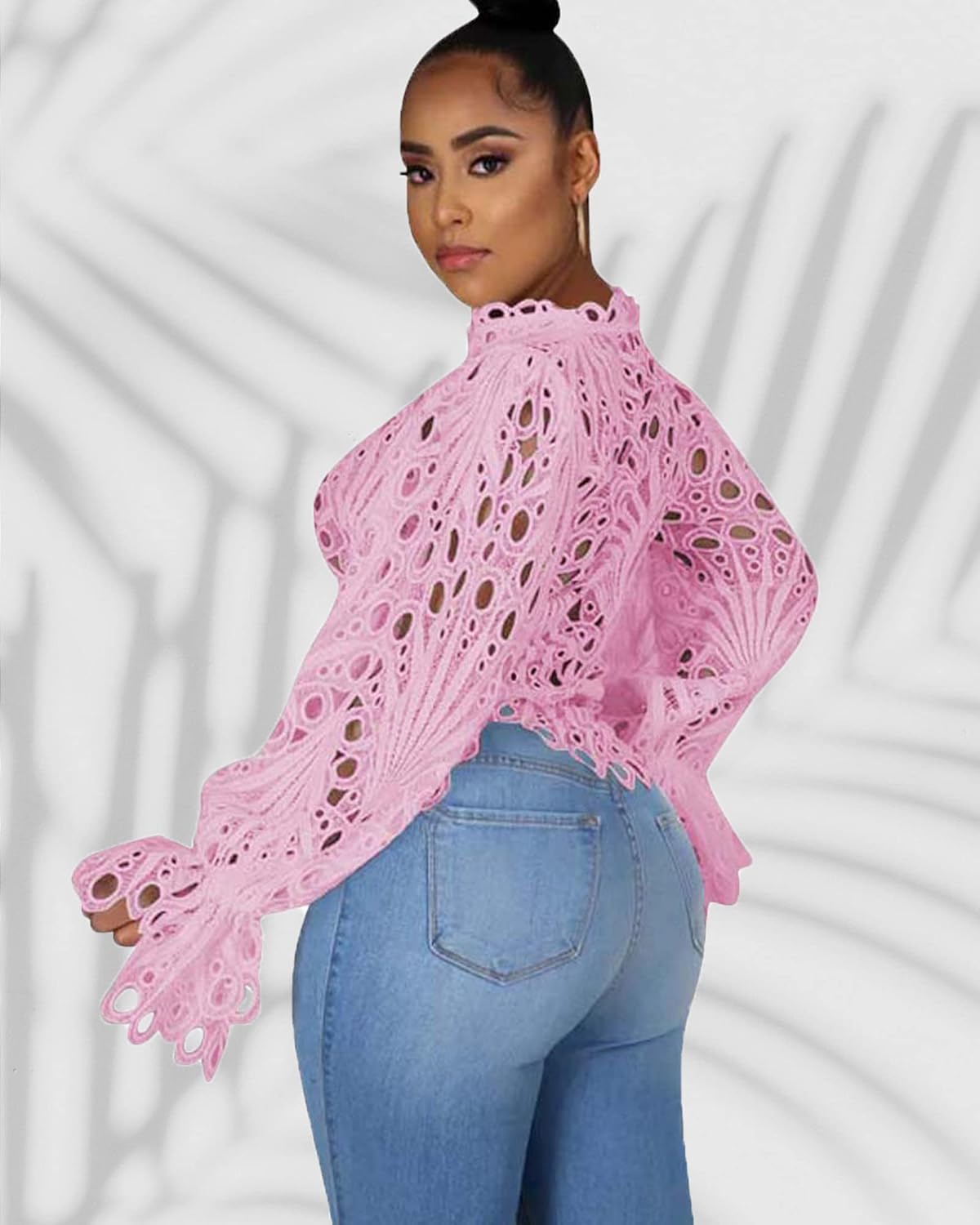 Doweha Women’s Sexy Ruffle Long Sleeve Summer Lace Tops 2025 Puff Flare Shirt V Neck Hollow Out Button Down Tunic Blouses - Image 2