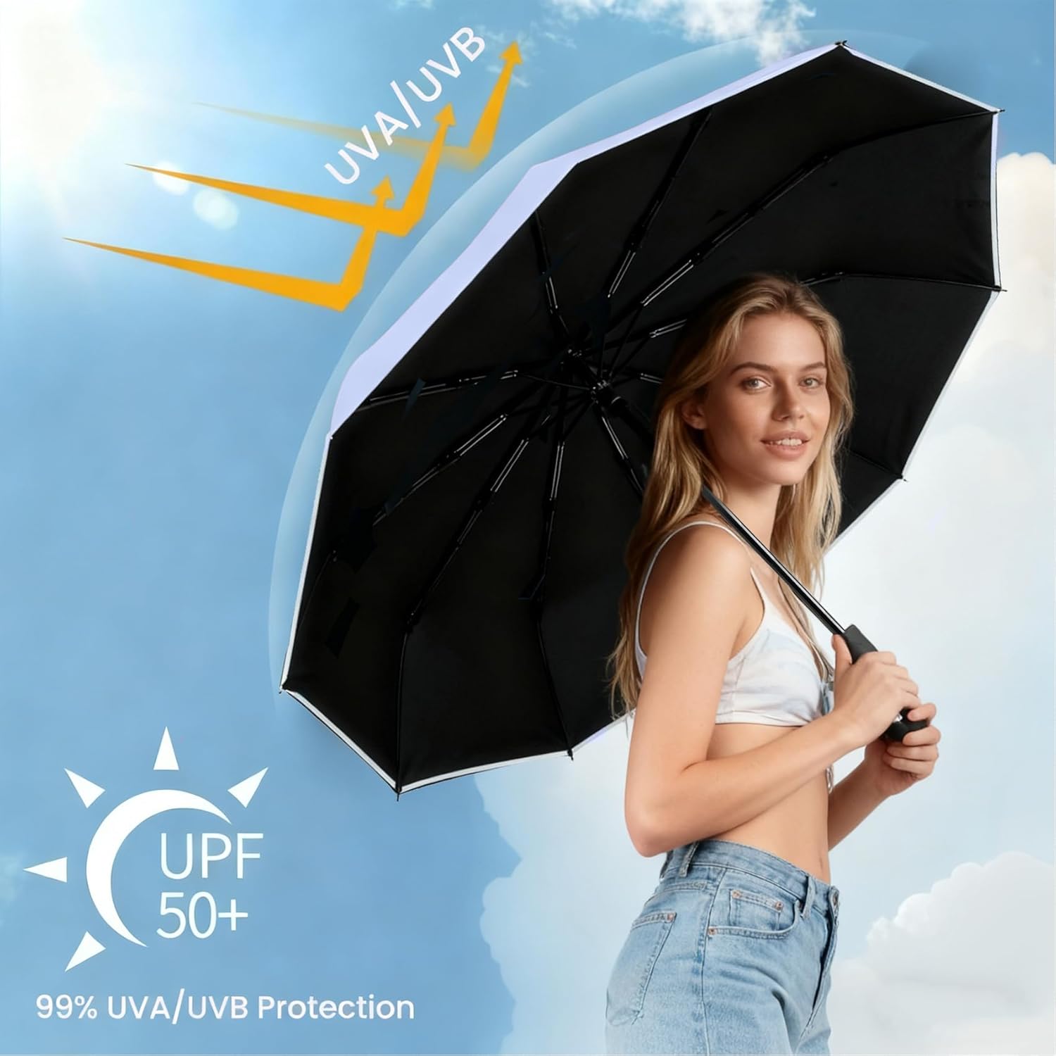 SIEPASA Travel Umbrella with Carabiner Handle - Windproof 10 Ribs Auto Open/Close for Rain & Sun Protection, Compact Portable Clip-on Backpack Design with Safety Reflective Strip.