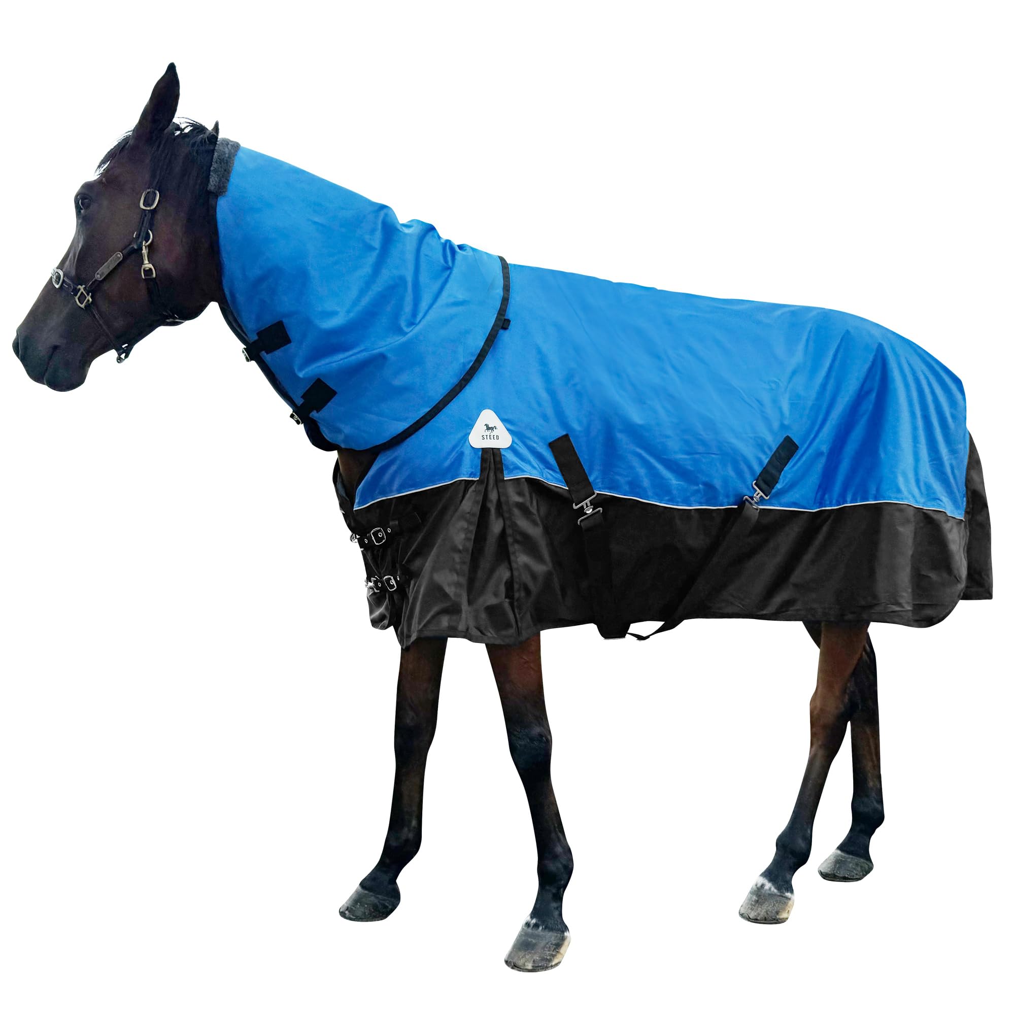 Manta para caballos, sábana gruesa impermeable con cubierta de cuello desmontable, exterior de nailon 1600D, relleno pesado de 400 g, azul (EE. UU. 81 pulgadas (UE 155 cm)