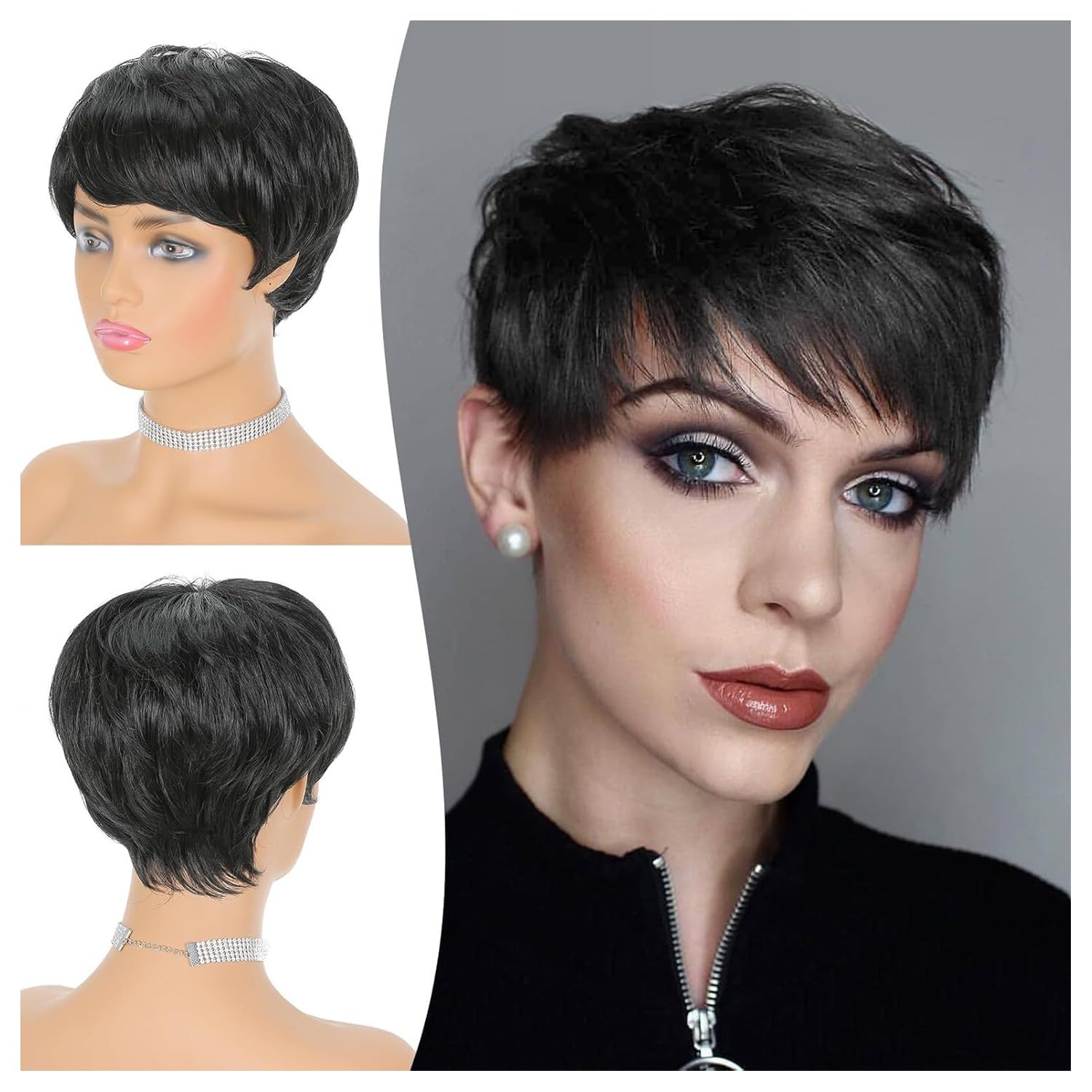 Wig Hair Short Wigs for Black Women Hair Glueless Natural Look Cut Wig Lace Front Wigs with Bangs Straight Short Human Hair Wigs (Black)