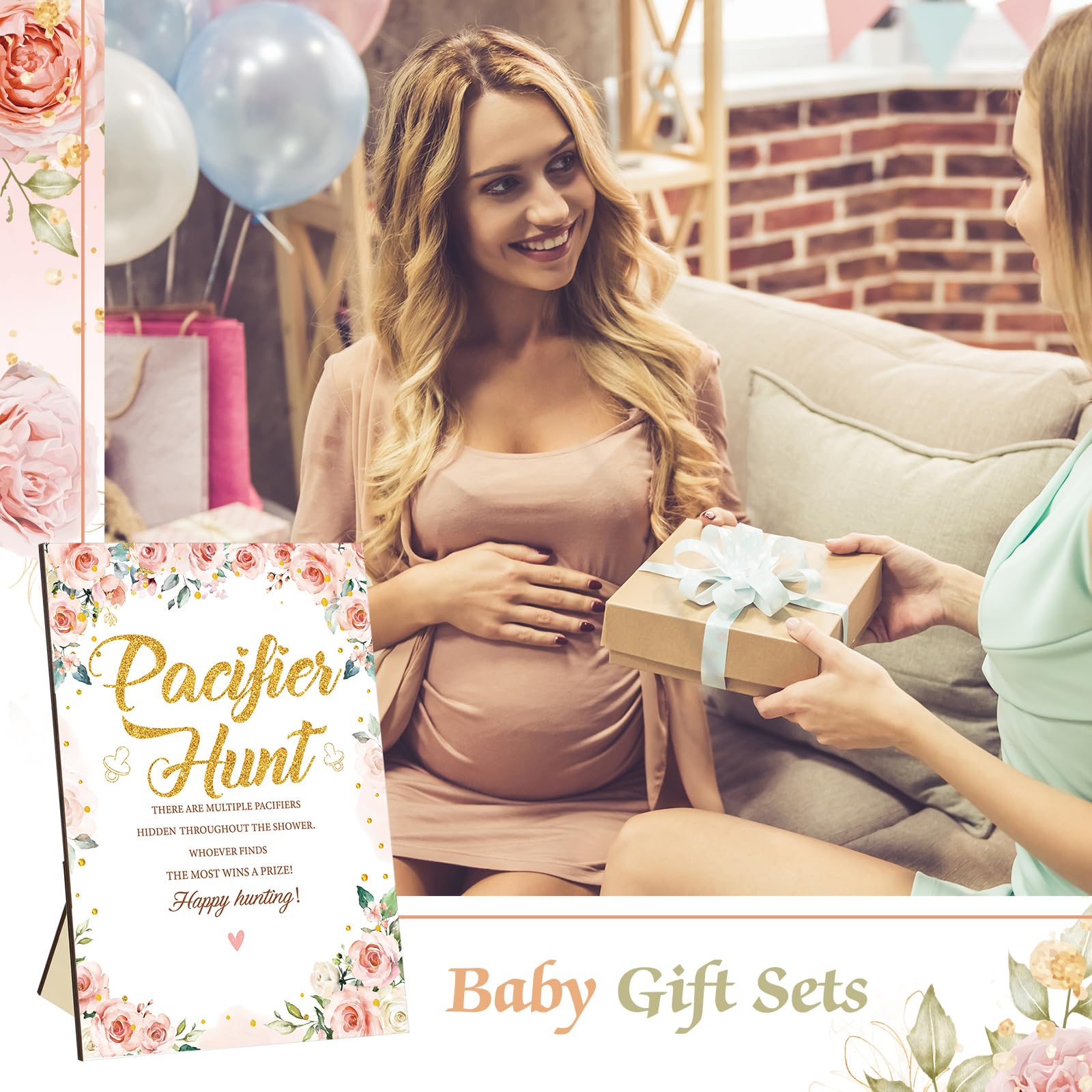 Thyle 51 juegos de caza de chupetes para baby shower, incluye letrero de caza de chupetes y 50 chupetes acrílicos para decoración de juegos de baby shower, juegos de regalo, decoración de fiesta de