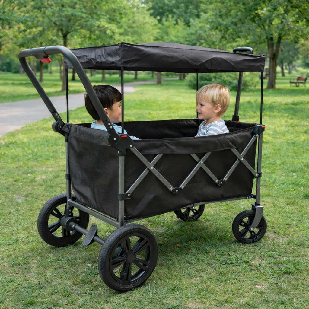 Stroller Wagon for 2 Kids, Folding Pull Push Cart with Removable Canopy, Big All Terrain Wheels, One Step Brake, 5 Point Safety Harness