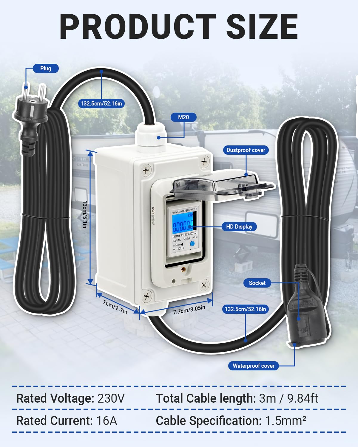 SUPAREE Mobiler Stromzähler Mit 3m Kabel | IP67 Wasserdicht Für Camping & Wohnmobile