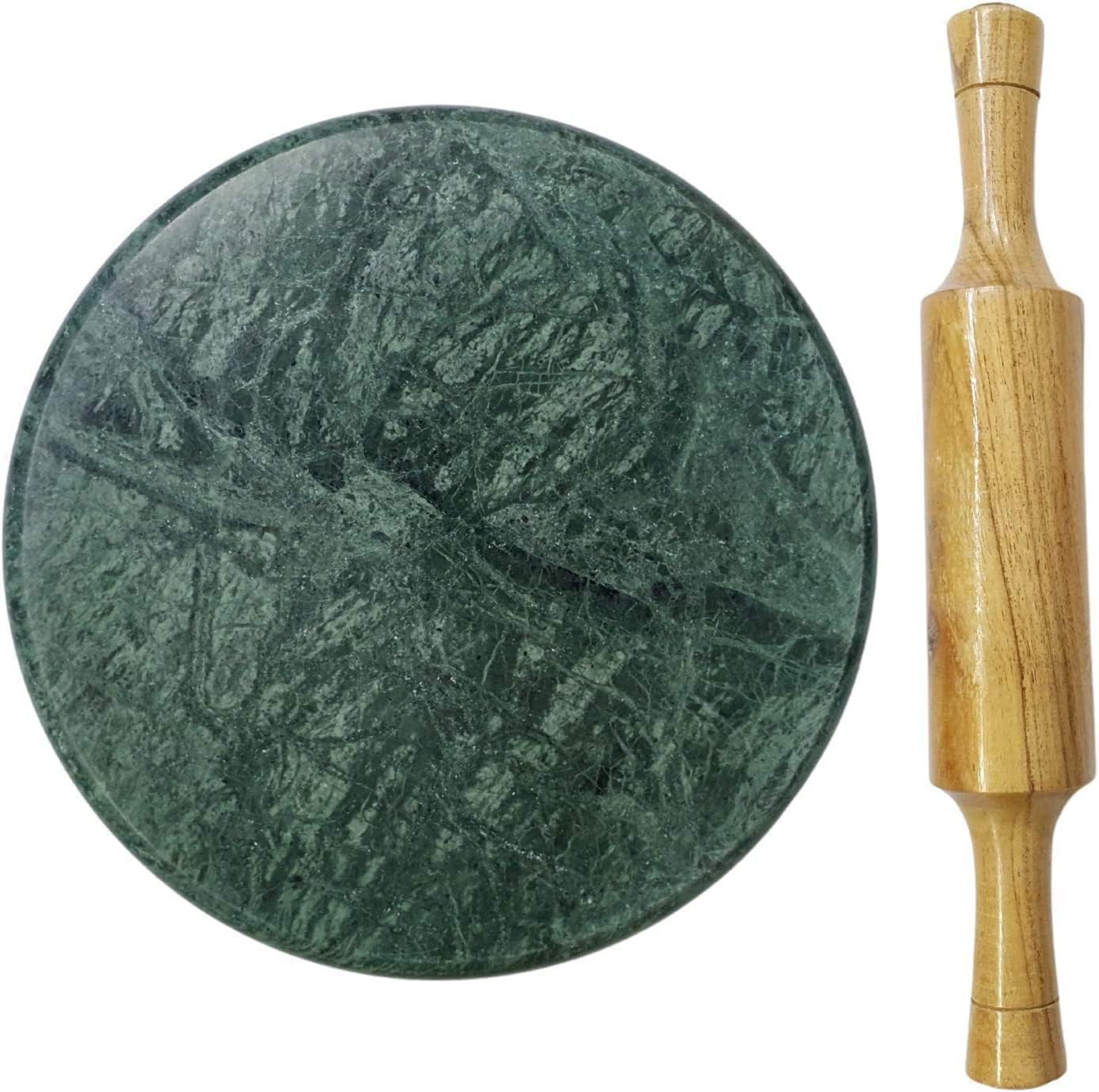 Onder Mart Green Marble Chakla Belan Set Belan Chakla Circular Board with Rolling pin Set Hand Made Marble Polpat with Belan, Kitchen Utensils for Roti Making (from India)