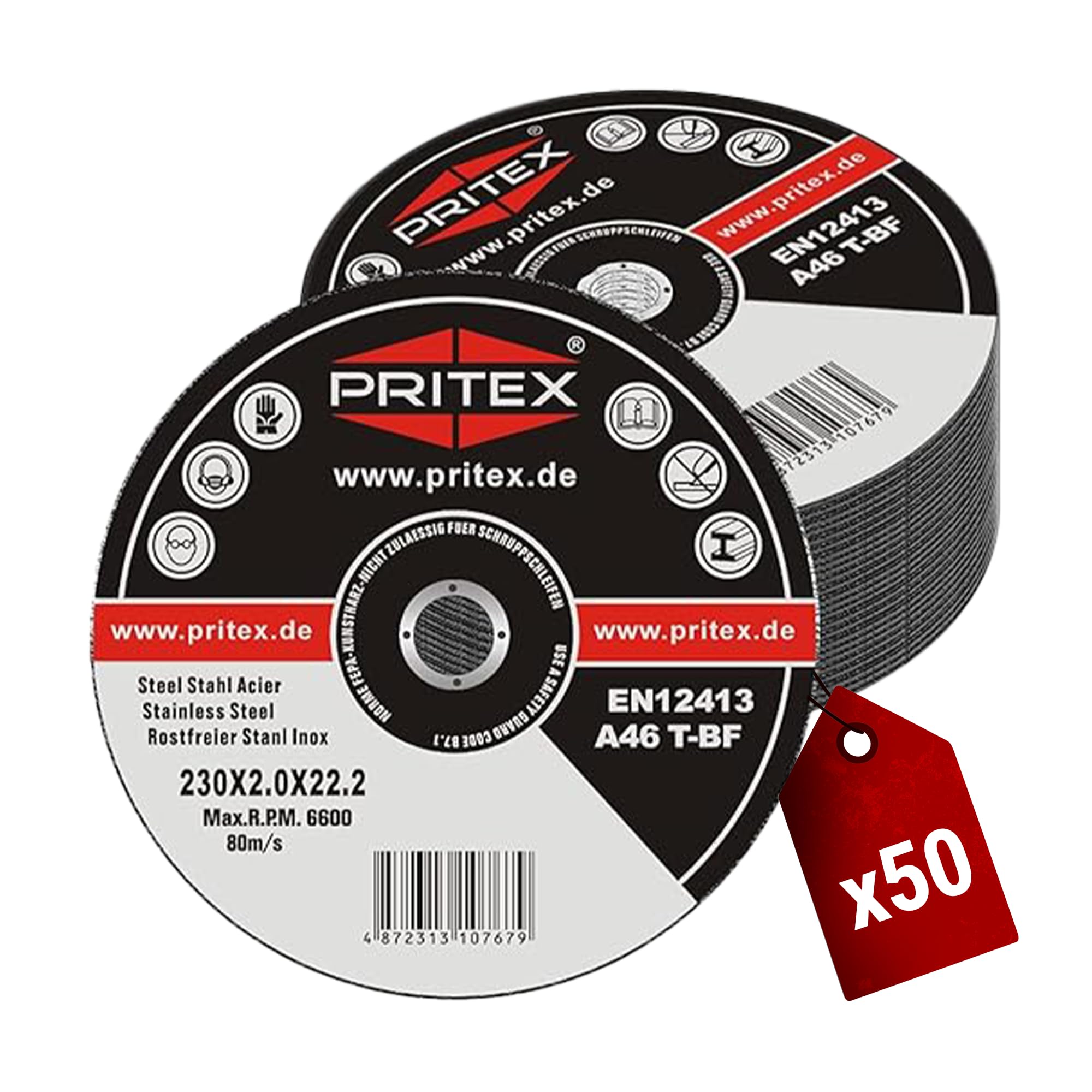 PRITEX – 50 Stück Profi Trennscheiben 230 x 2.0 mm Metall – gerade Flexscheiben zum Schneiden von Stahl, Edelstahl & Blech – Inox Schneidscheiben für alle gängigen Winkelschleifer geeignet