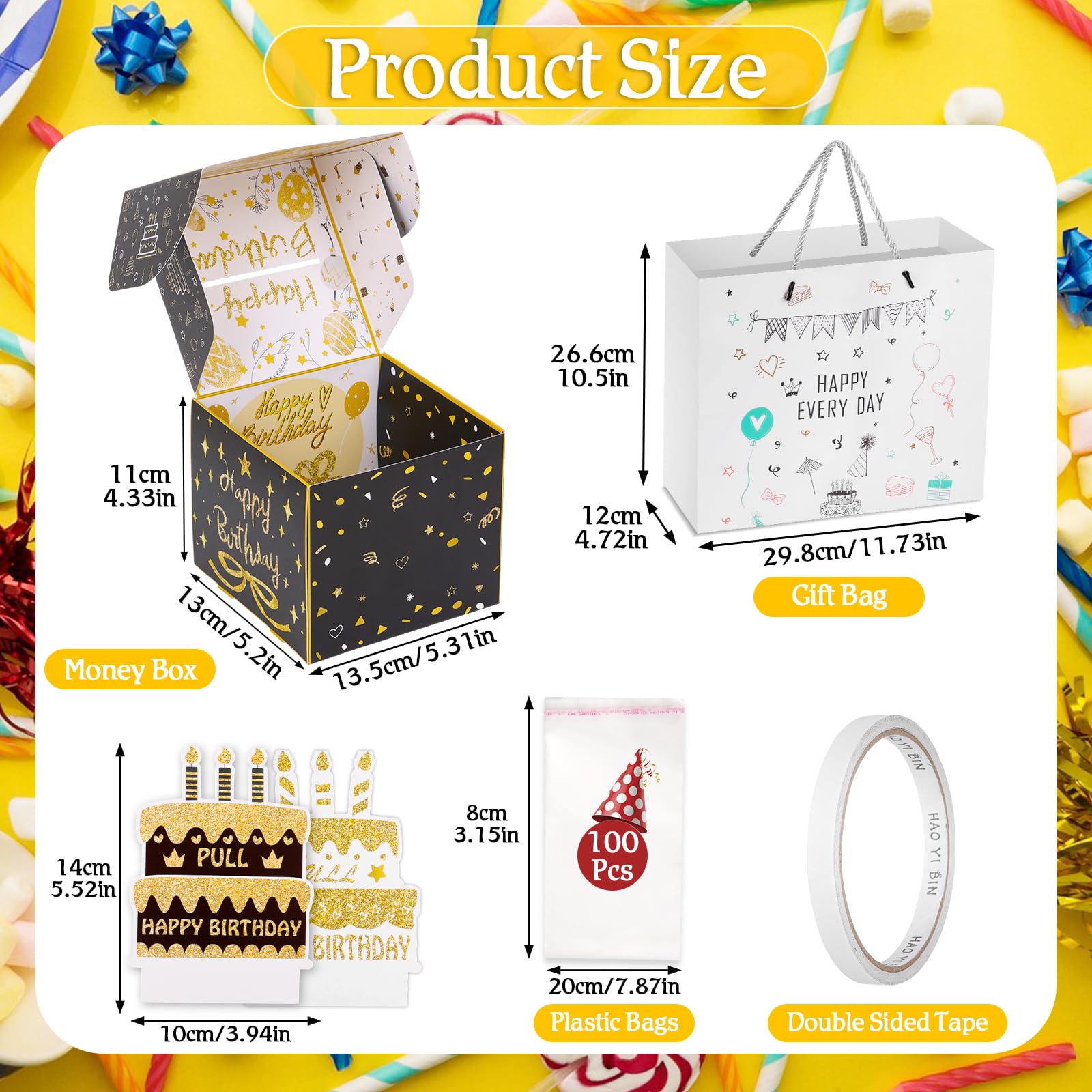 Comkrivy Cash Gift Pull Box Surprise Money Box with 2 Birthday Cards, 100 Pcs Transparent Bags, 2 Sided Tape and Gift Bag for Kids and Adults