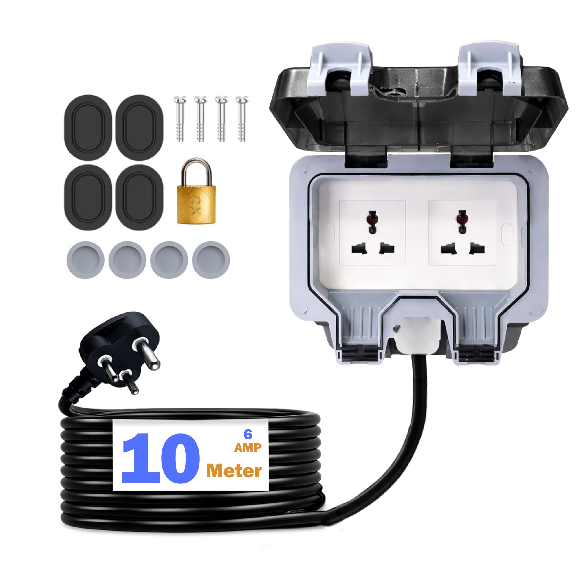 MX Outdoor Waterproof Outlet Box with 10 Meter Extension Cord, IP66 Weatherproof Double 13A 250V Universal Socket with Lockable Cover, Wall Mount Power Extension for Garden, Patio, Balcony-image-49