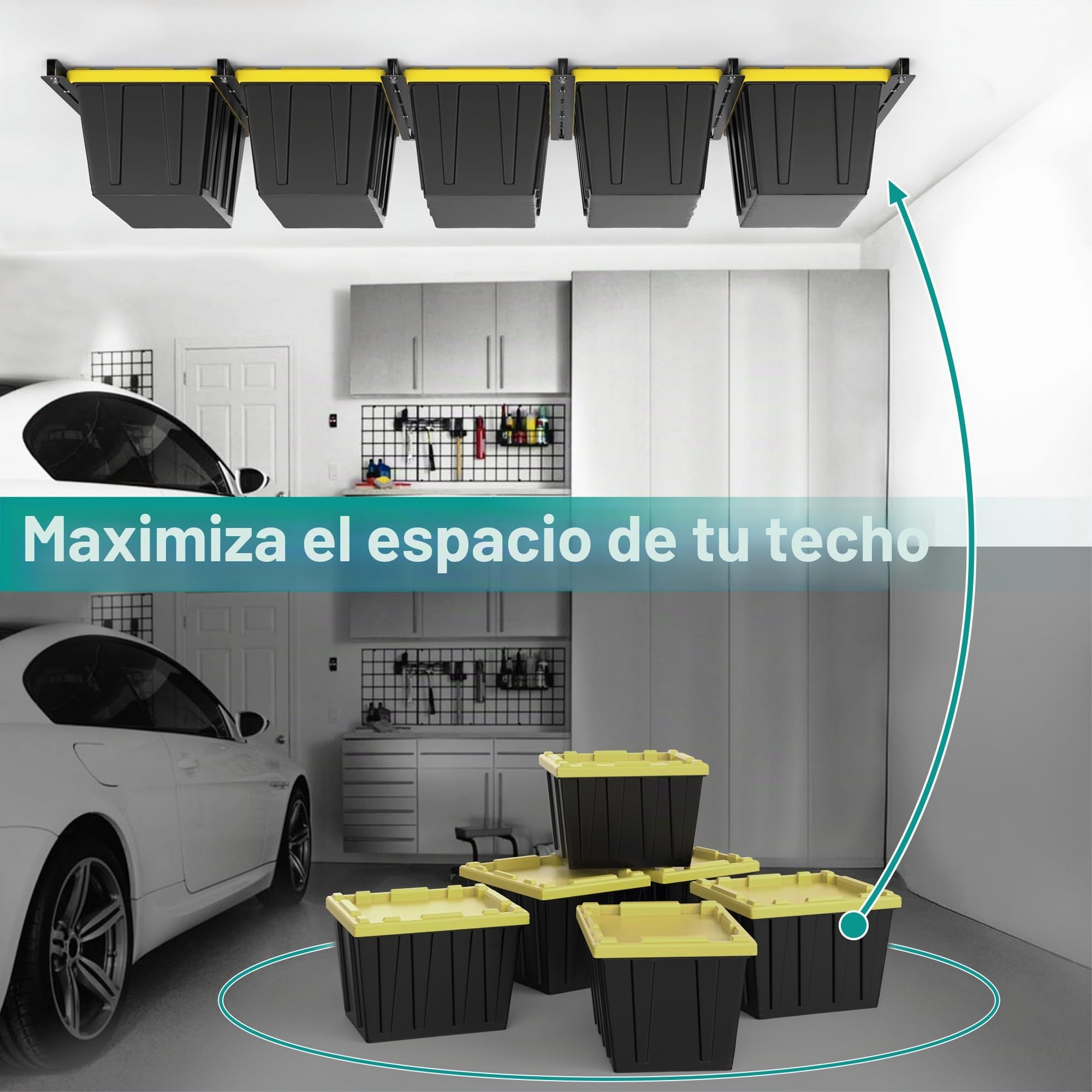 EVERHANGER Estante de almacenamiento de techo, estante de almacenamiento de garaje resistente, sistema de almacenamiento de contenedores de techo ajustable, 4 juegos para 3 contenedores, 26 pulgadas