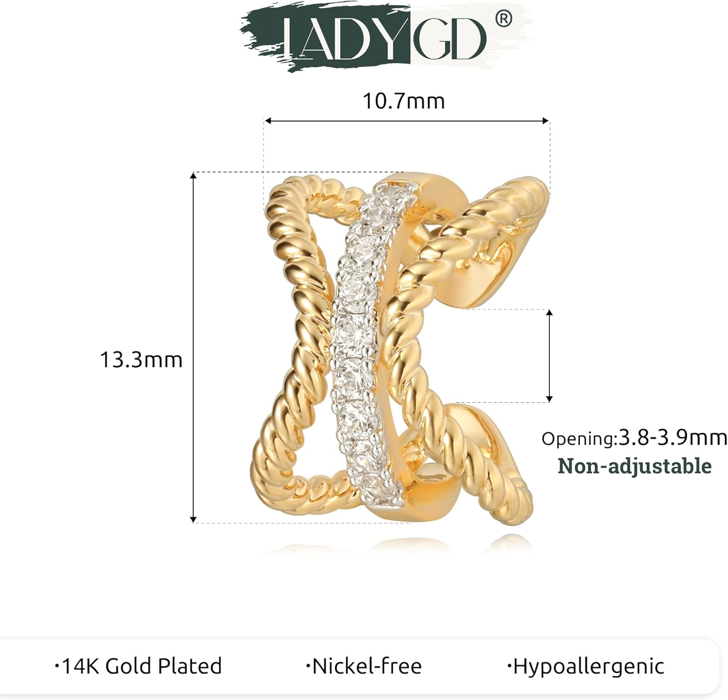 Ear Cuff Earrings for Women 14K Gold Plated Cubic Zirconia Paved Sparkling Huggie Ear Cuffs Non Piercing | Clip On Cartilage | Single - Image 6