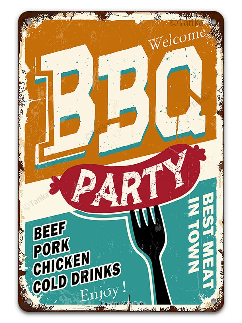 Tarika Men's Bbq Party Beef Pork Chicken Cold Drinks Bbq Barbecue Tin Signs, Bbq Party Beef Pork Chicken Cold Drink Vintage Metal Tin Sign For Wo, Inch Wall Decor For Grill Bar Backyard Restaurant Cafes Pub Outside 12X8