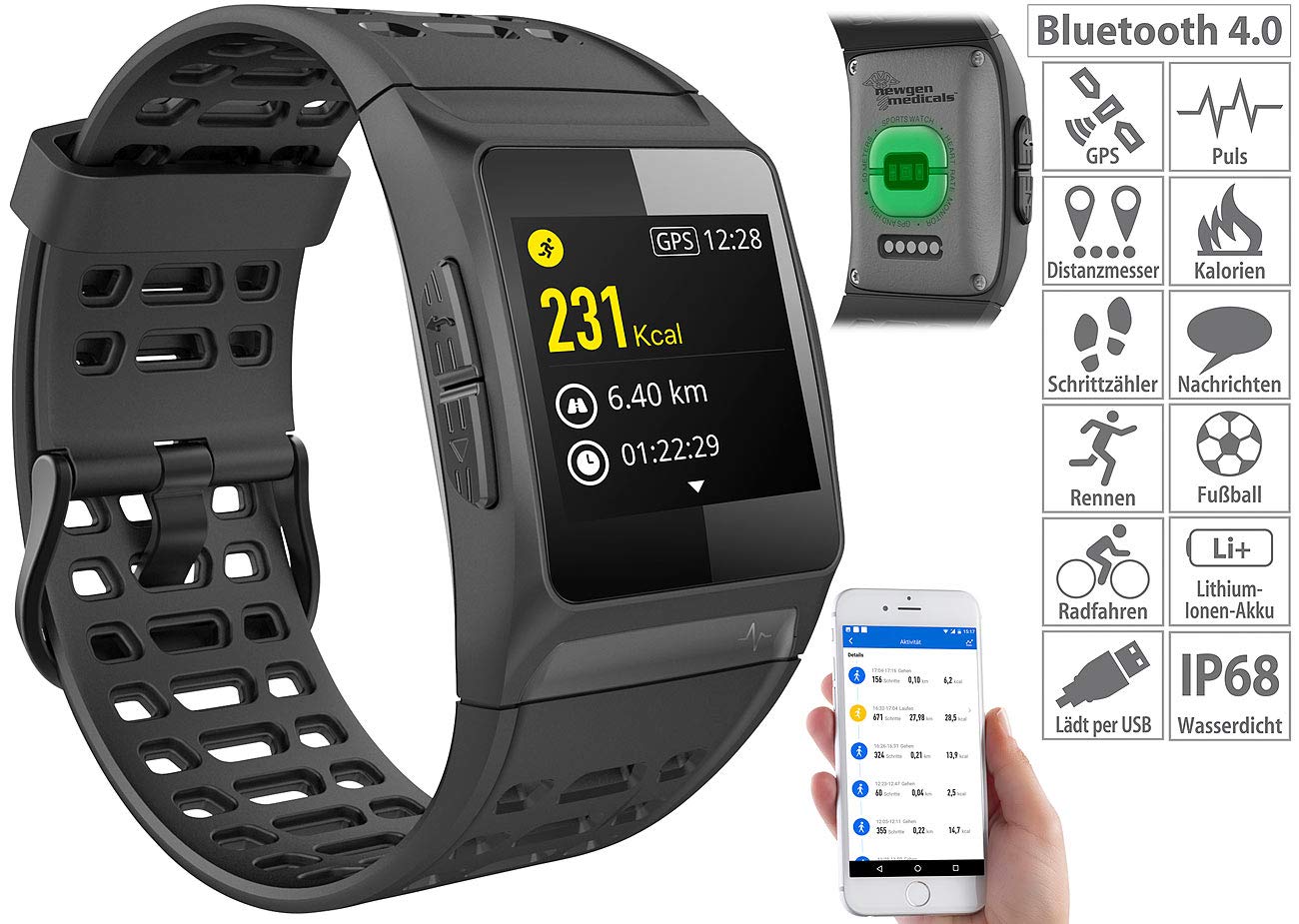 Newgen Medicals Smartwatch GPS Puls: GPS-Sportuhr, Bluetooth, Fitness, Puls, Nachrichten, Farbdisplay, IP68 (Fitnessuhr mit GPS, Smartwatch GPS wasserdicht, Entfernungsmesser)