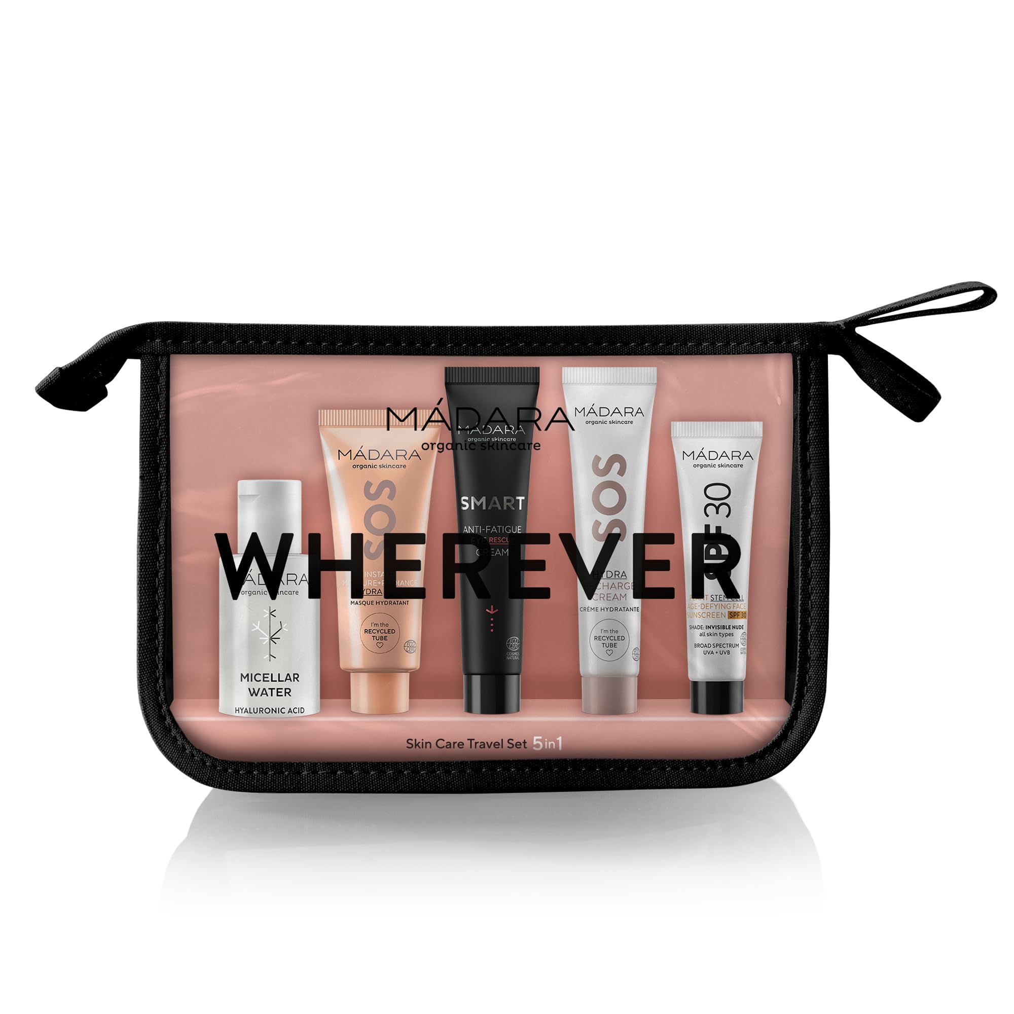 MÁDARA Wherever Travel Set 5-in-1 – Mikellarwasser 50 ml + SOS Hydra Mask 17 ml + Anti-Fatigue Augencreme 15 ml + Hydra Recharge Cream 15 ml + SPF30 Gesichtssonnencreme 10 ml – Reisegröße
