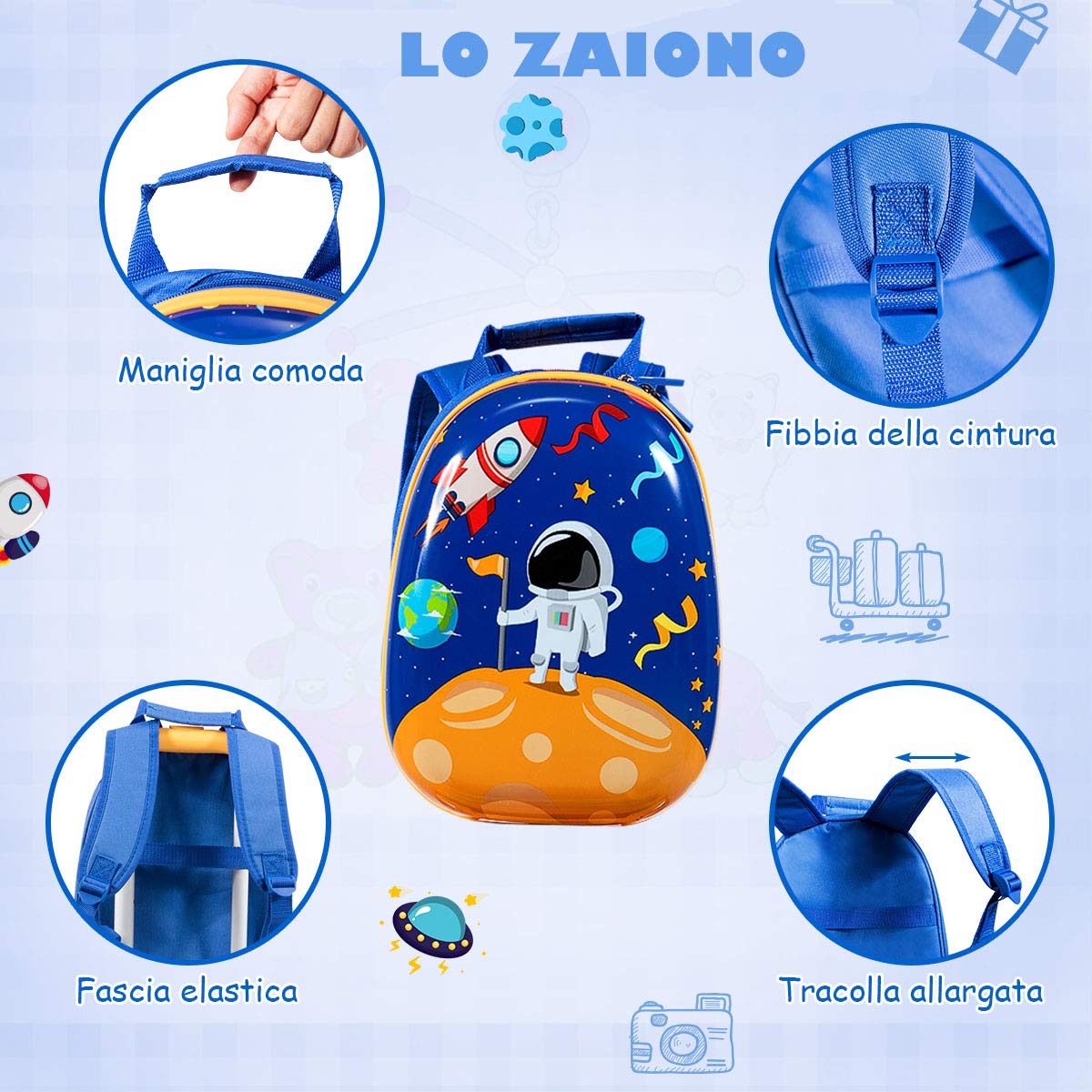 GOPLUS Set di 2 Pezzi da Viaggio, Valigia e Zaino per Bambini, Valigetta con 4 Ruote, Rosa/Blu, con Disegni Multicolore e Carini (Astronauta)
