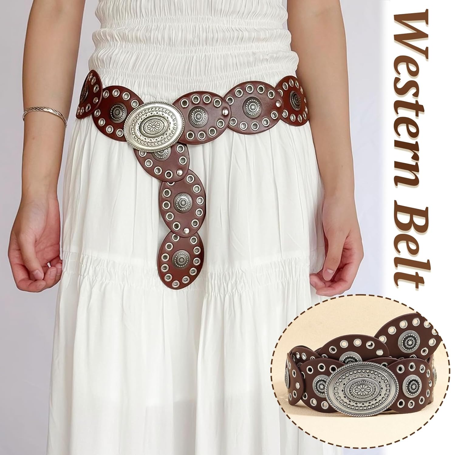 Disc Western Belt for Women–Stylish Chunky Cowgirl Belt with Metal Buckle,PU Leather,Perfect for Dresses & Jeans - Image 3