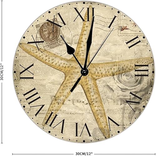 Miniatura 107 de ArogGeld Reloj de pared con diseño de estrella de mar antigua francesa, de cloruro de polivinilo, con números romanos, de 10 pulgadas, funciona