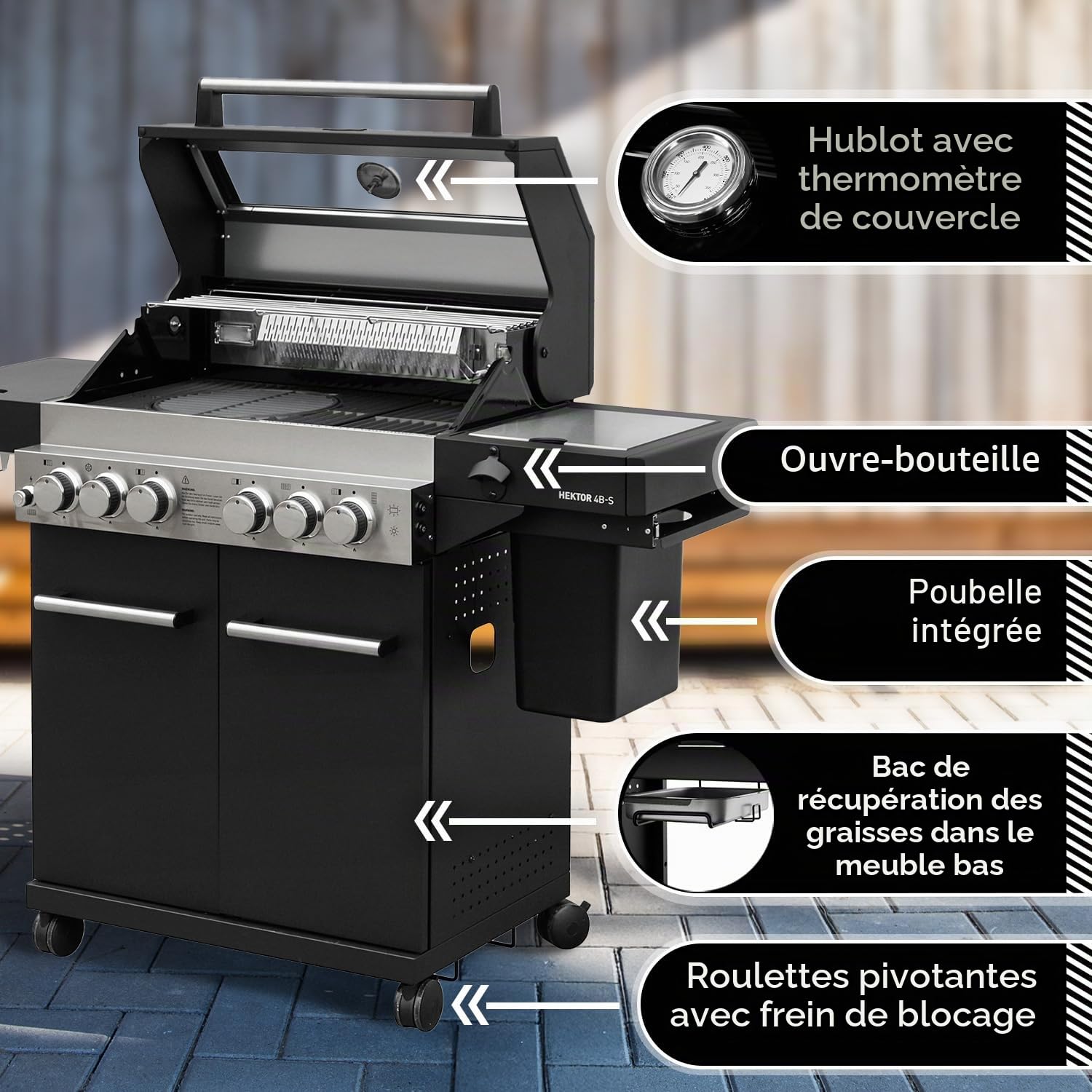 Barbecue à gaz Feuergott Hector 4B-S avec broche rotative et housse de protection avec 4 brûleurs, brûleur Sear, grille en fonte, brûleur arrière, réchaud latéral, fenêtre de visualisation et