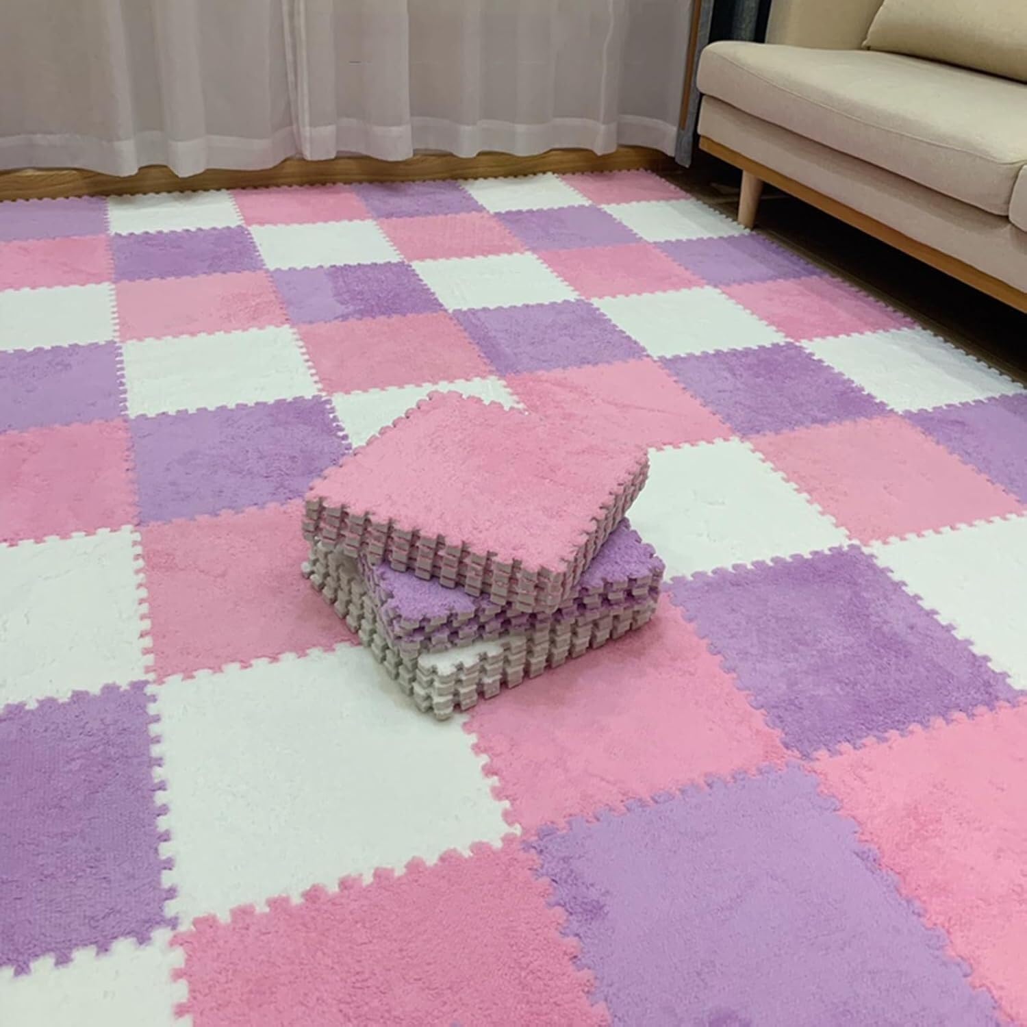 Dalles de mousse carrées emboîtables 12x12 de 30 pièces en peluche tapis de sol rose