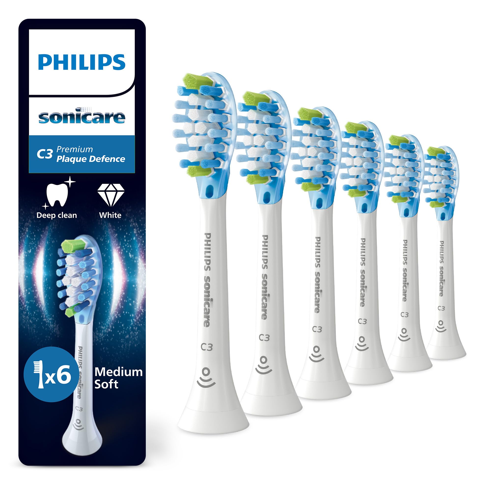 PHILIPS Sonicare C3 Premium Plaque Defence, testine di ricambio originali, bianco, confezione da 6, HX9046/87, Nuovo, 6 Testine