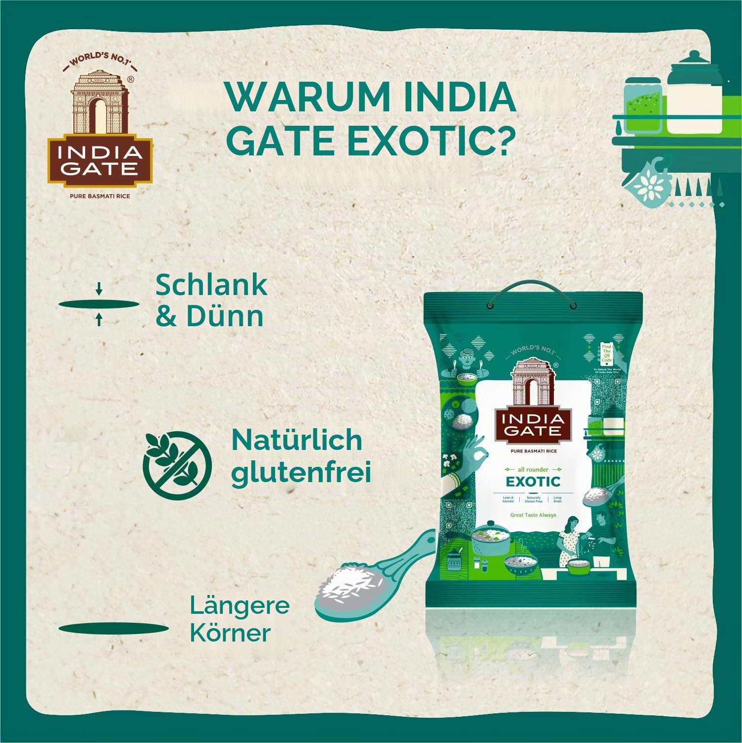 INDIA GATE - Basmati Reis Exotisch - 4 X 5 KG - Multipack