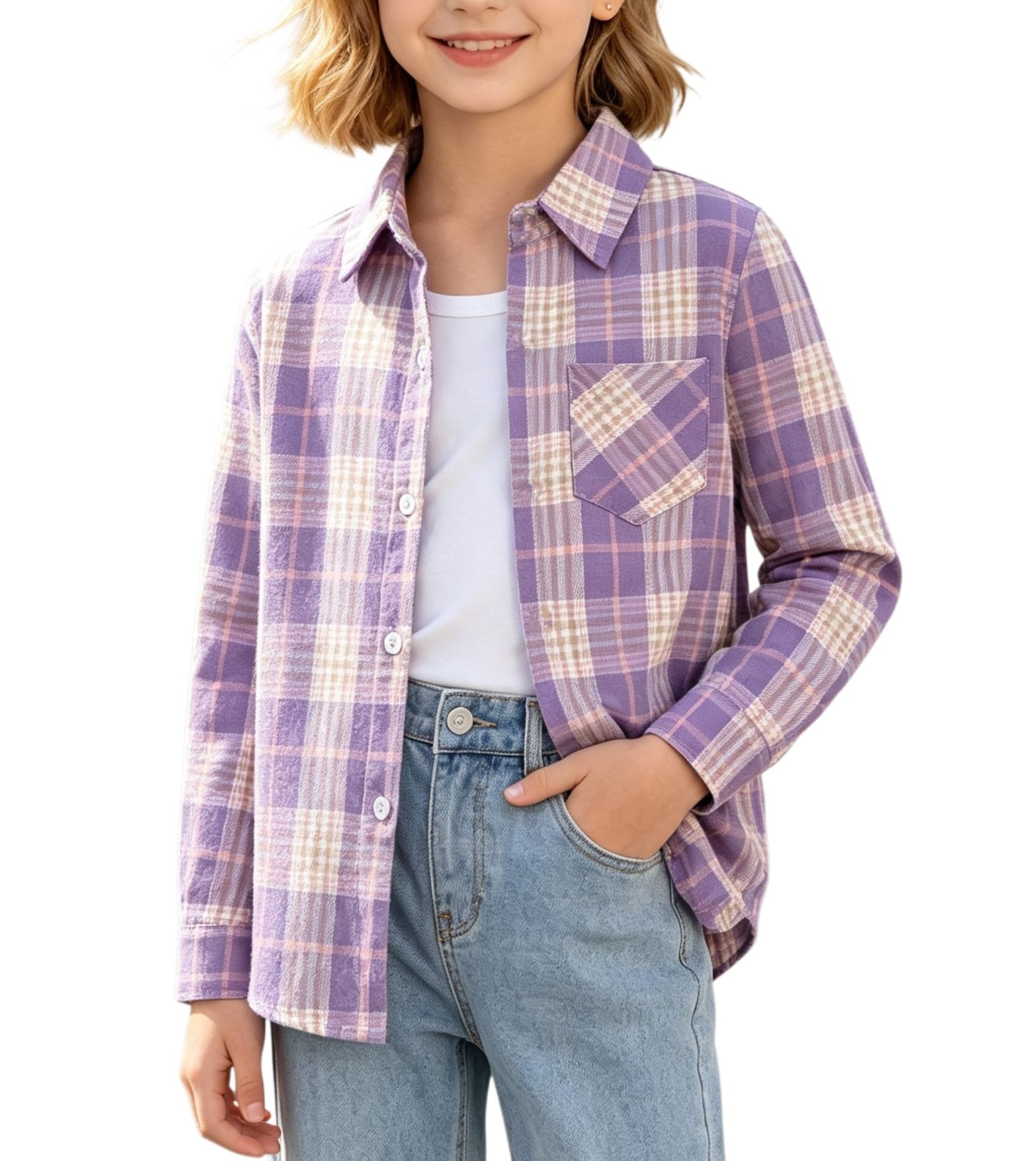SANGTREE Womens and Girls Long Sleeve Flannel Shirt Plaid Button Down Shirt