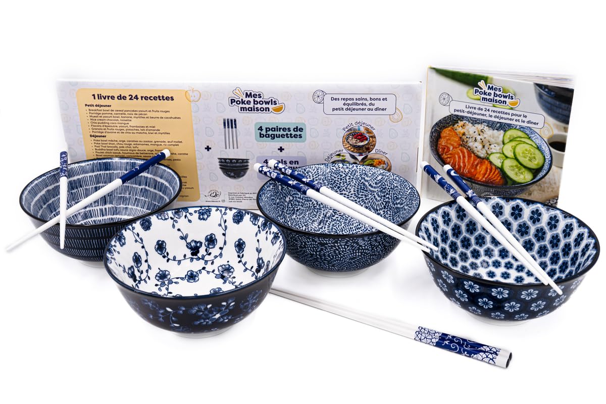 Mes poke bowls maison: Coffret avec 4 bols en céramiques, 4 paires de baguettes et 1 livre de 24 recettes