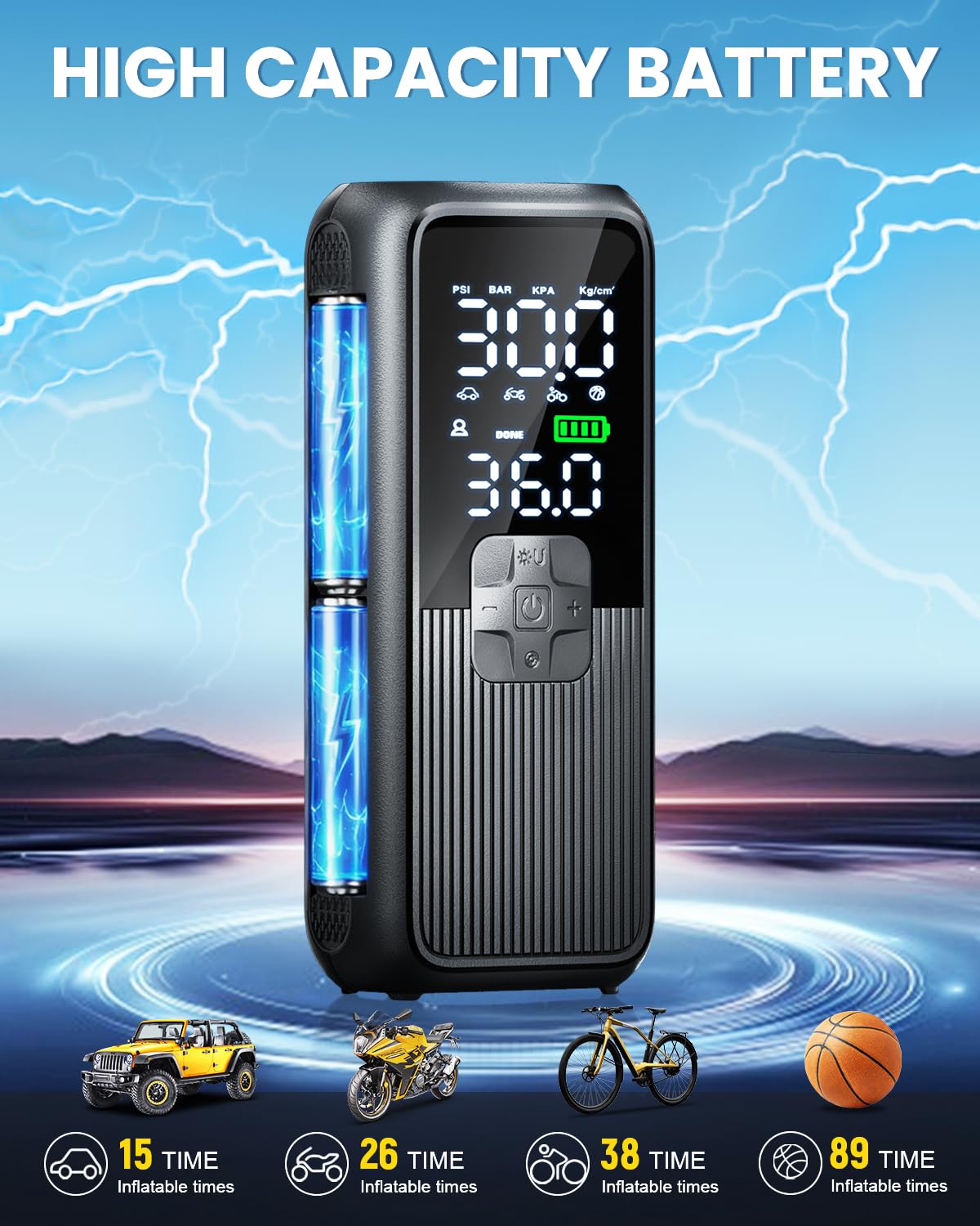 Tire Inflator Portable Air Compressor, Electric Air Pump for Car, Motorcycle, Bike, Balls with Tires Pressure Gauge, 150PSI Air Compressor Portable, Tires Pump with LED Light & Auto Shut-Off