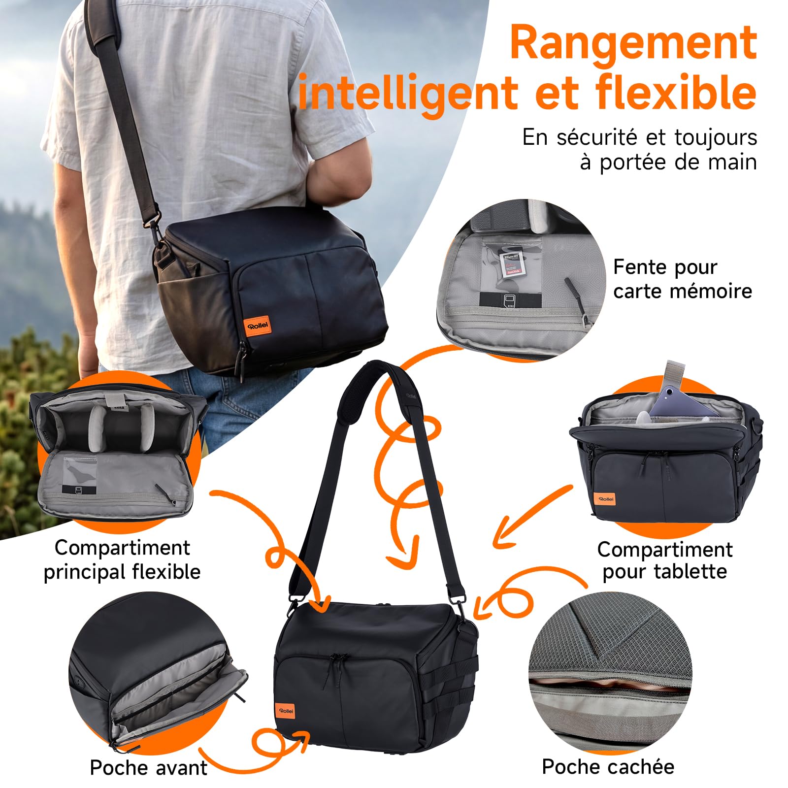 Sac Appareil Photo, Rollei Fotoliner Ocean Bag L Sac à Bandoulière Grand Sacs à Épaule avec Bandoulière Réglable Sacs de Photographe Imperméable pour Appareil Photo Reflex Numérique et Accessoire Noir