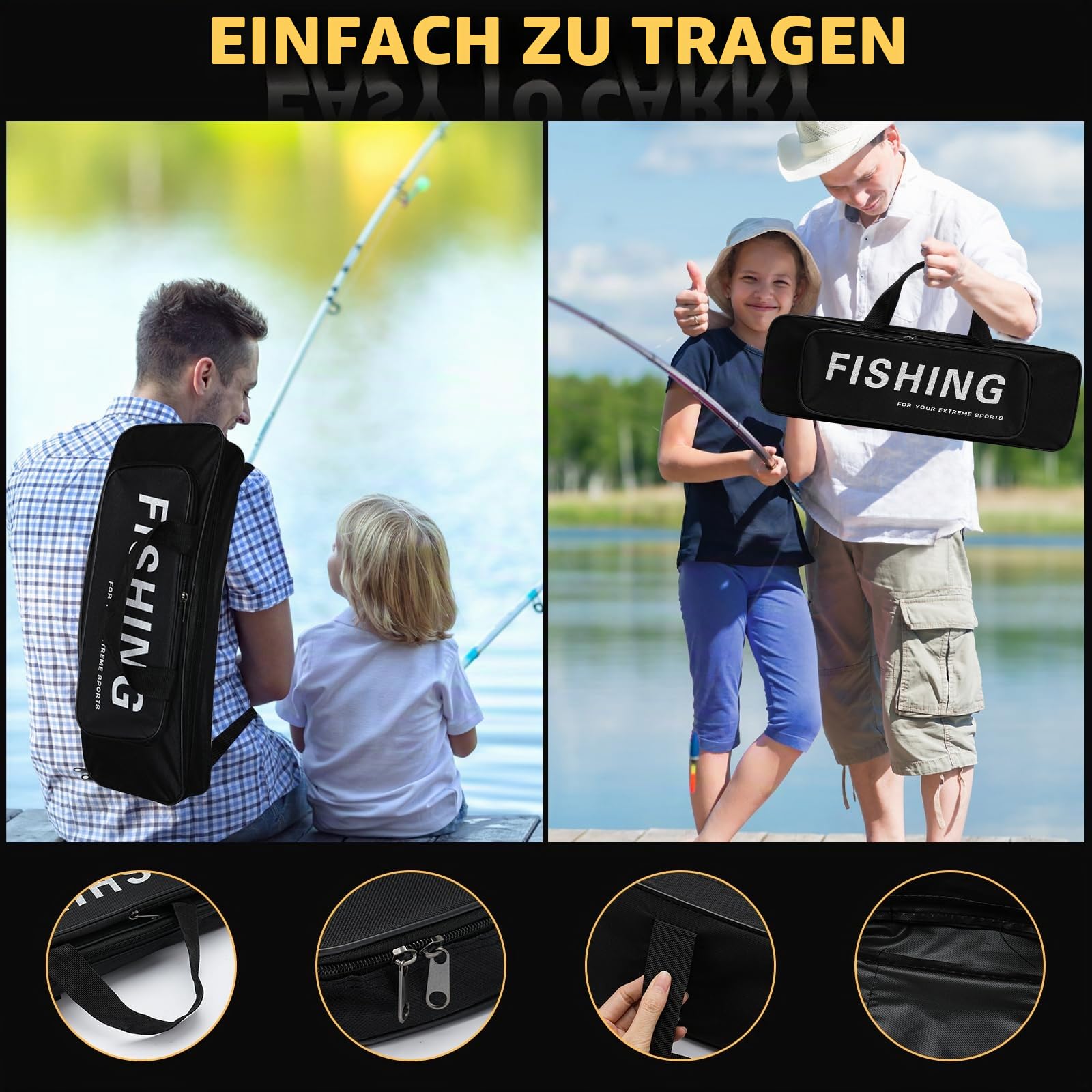 Teleskopangel Angelrolle 2,1m, Kohlefaser Angelrute, Angelset Teleskop-Rute mit Rolle, Ködern, Angelzubehör und Angel-Tasche Kombi zum Angeln in Salzwasser und Süßwasser