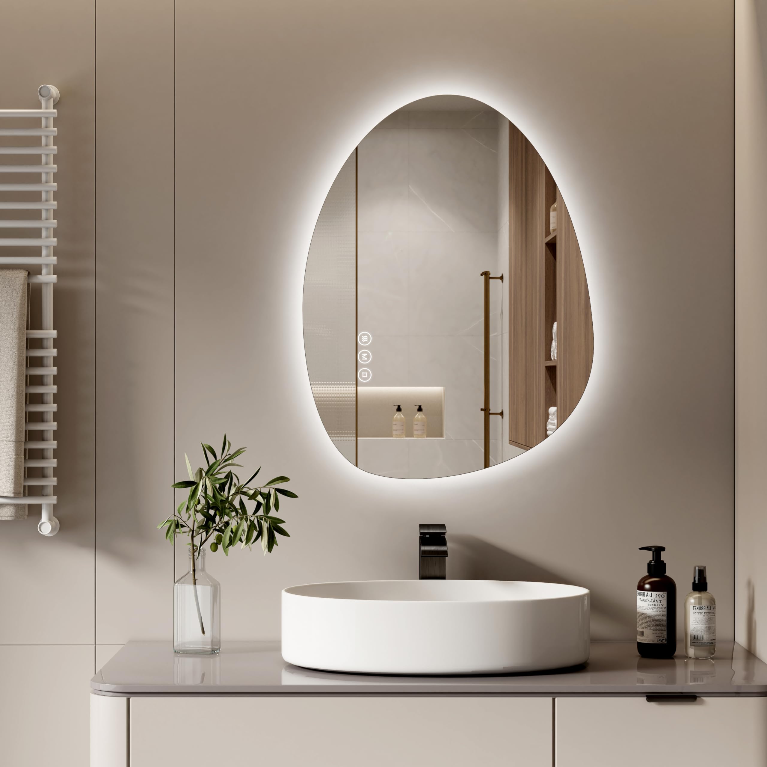 S'AFIELINA Specchio con illuminazione, asimmetrico LED da bagno, 75x55 cm, con interruttore touch, dimmerabile, 3 colori di luce regolabili, senza appannamento, specchio da bagno con illuminazione