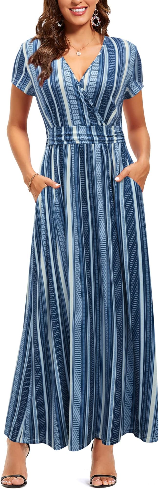 OUGESWomens' V-Neck Pattern Pocket Maxi Long Dress