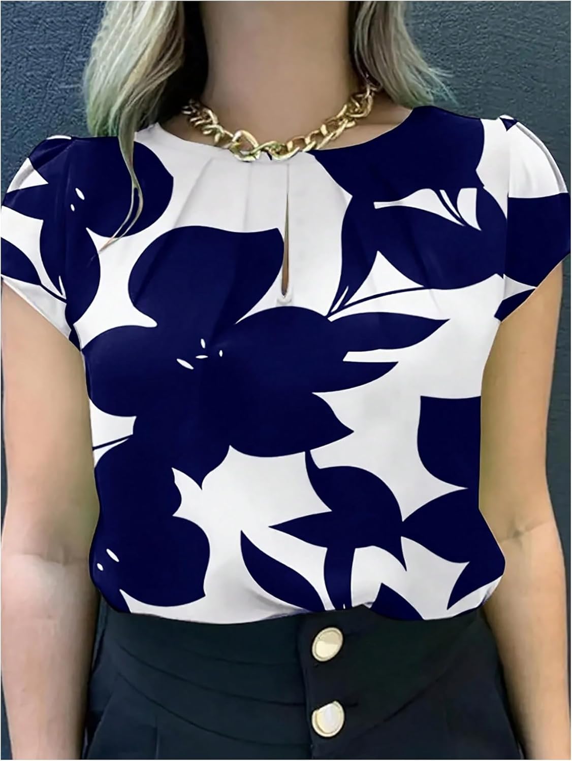 Women's Floral Puff Sleeve Tops Summer Elegant Cut Out Crew Neck Dressy Casual Blouses - Image 2