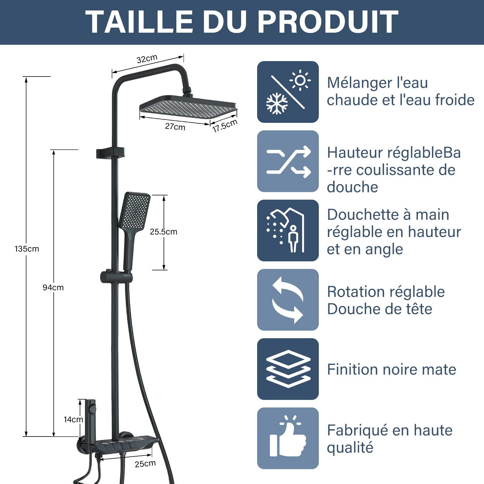 Colonne de Douche Noir Système de Douche Réglable en Hauteur Ensemble de Douche 4 Modes avec Pommeau Carré Douchette à Main