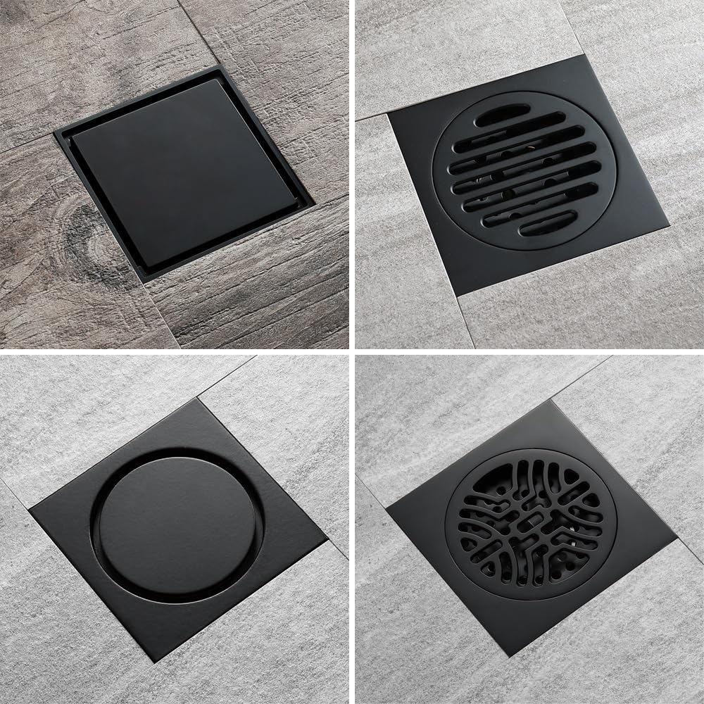 Desagüe Ducha,Sumidero Ducha,Drenaje de Piso Brass Black 10 x 10 cm Ducha Suelo Drenaje Baño Cuarto de desagüe Cubierta de desagüe Drenaje de Piso de residuos Cuadrados(Black 140)