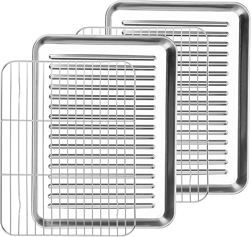 BIEAMA Juego de bandejas para hornear con estante (2 sartenes + 2 estanterías), 12 x 10 x 1 pulgadas, bandeja de horno de acero inoxidable con