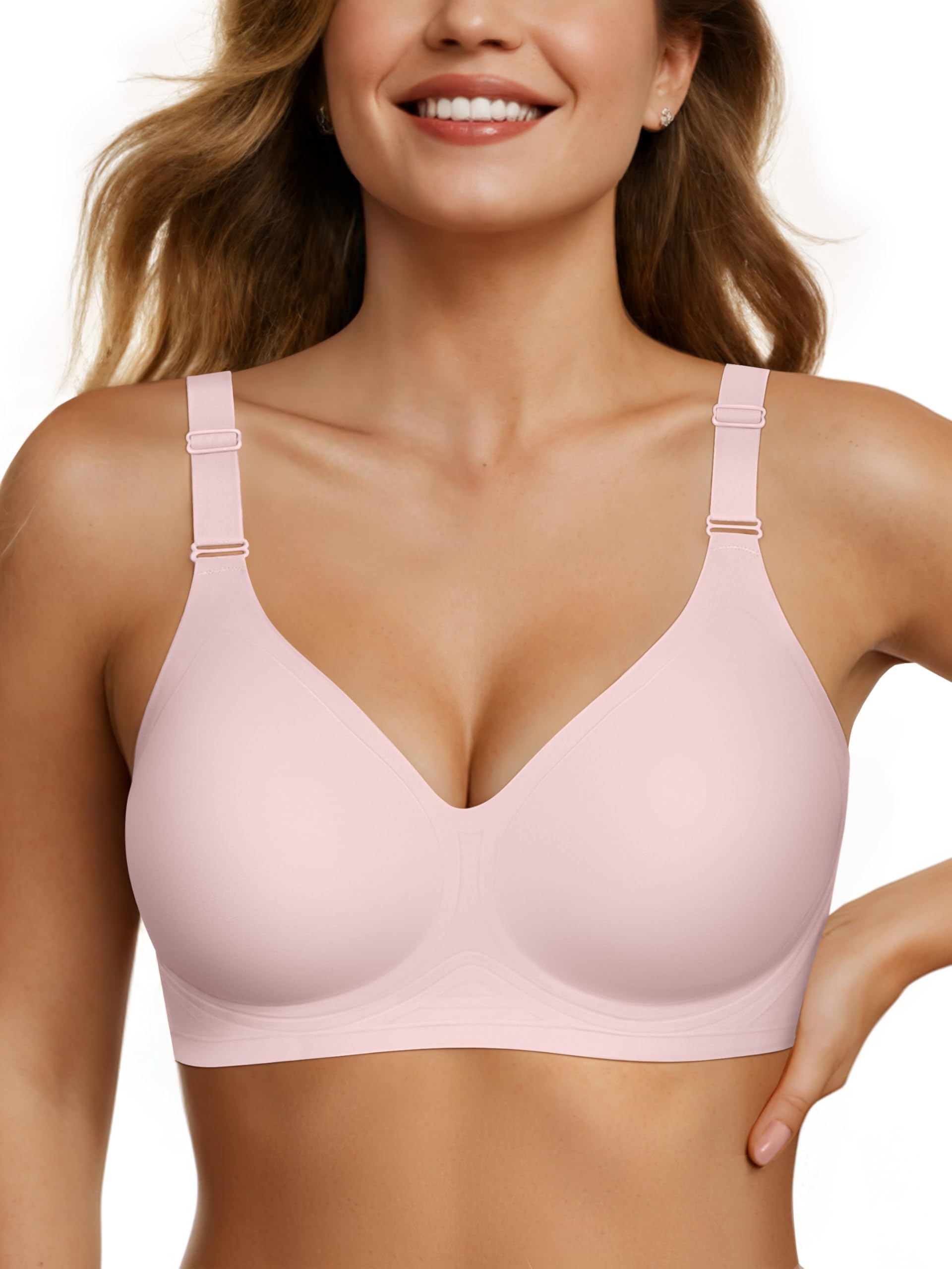 OEAK Damen BH Ohne Bügel Push Up Nahtloser V-Ausschnitt Bra Bügelloser Gepolstert Glatter Bustier Tshirt Schlaf BHS mit zusätzlicher Verlängerung (Rosa,L)