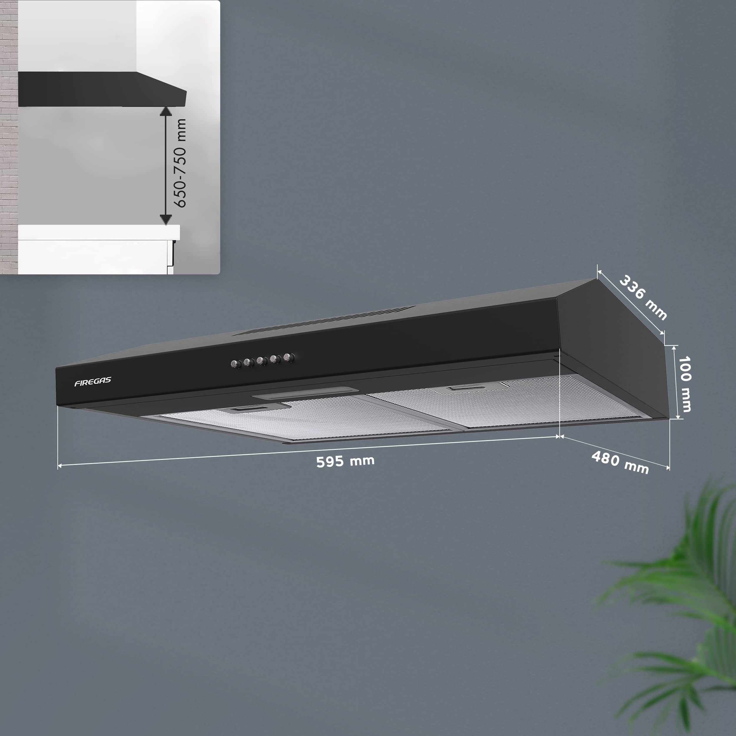 FIREGAS cappa aspirante Sottopensile 60 cm, nero, 3 livelli di potenza, interruttore a pulsante, uscita dell'aria di scarico cucina con filtro ai carboni attivi CC130