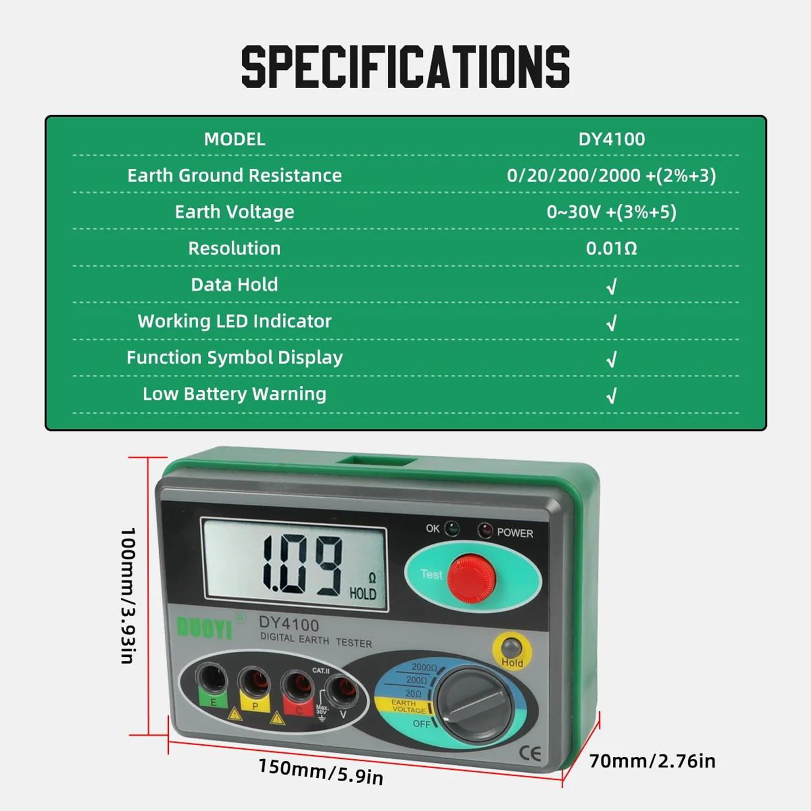 DY4100 Testeur de résistance de terre numérique 0~2000Ω Mégohmmètre,testeur de terre LCD haute définition,stockage de données,rappel de batterie faible testeur multimètre,Mesureur de terre