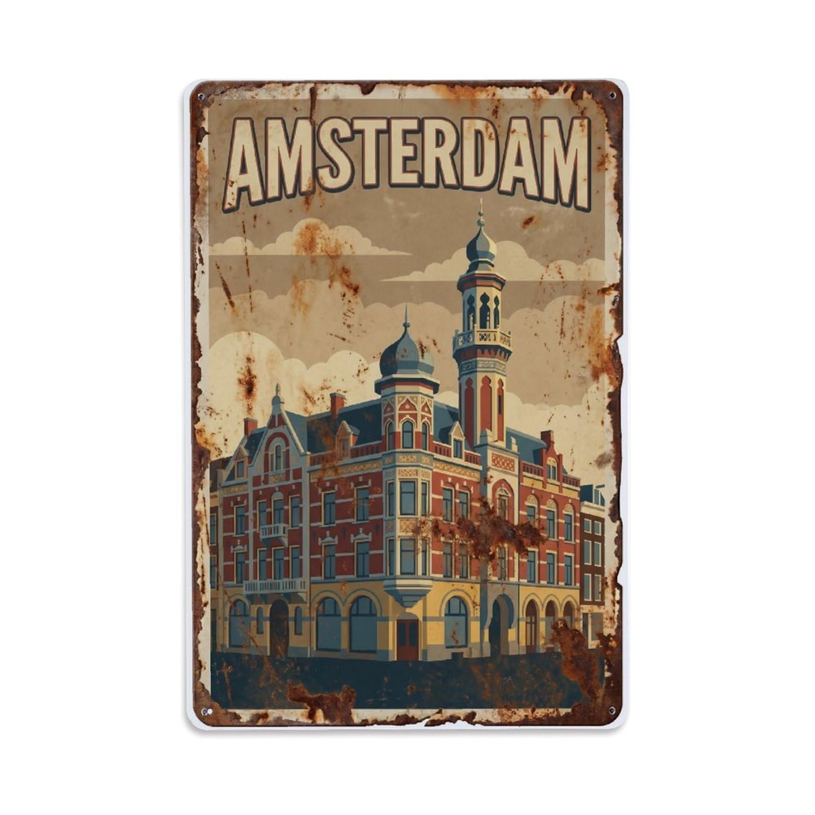 Vintage Travel Minaret Netherlands Tower Metal Tin Sign Plaque Wall Decor for Cafe, Club Bar, Office, Home Garden Metal Poster 8x12Inch