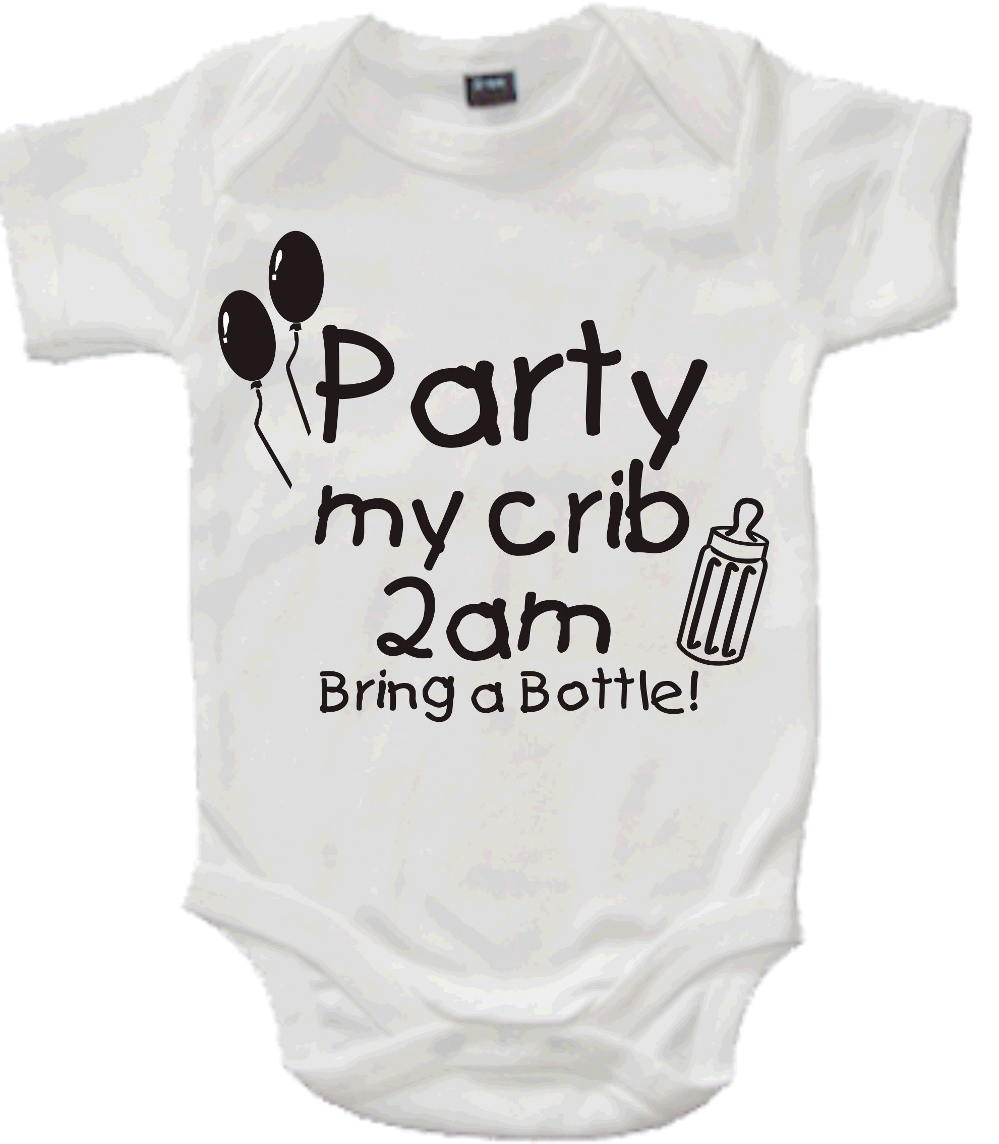 Edward Sinclair White Baby Bodysuit 6-12 Months with Pearlescent Black Print 'Party at My Crib 2AM Bring A Bottle'