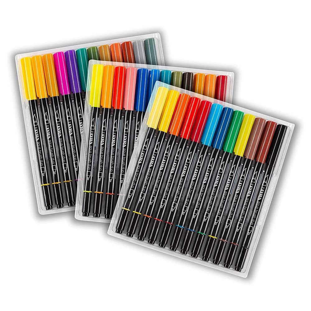 LYRA Aqua Brush Duo, Pennarelli Doppia Punta Belle Arti, Rotondo, doppia punta, punta pennello e fine, Punta 2mm/4mm, Scatola di Cartone, colori assortiti, 36pz