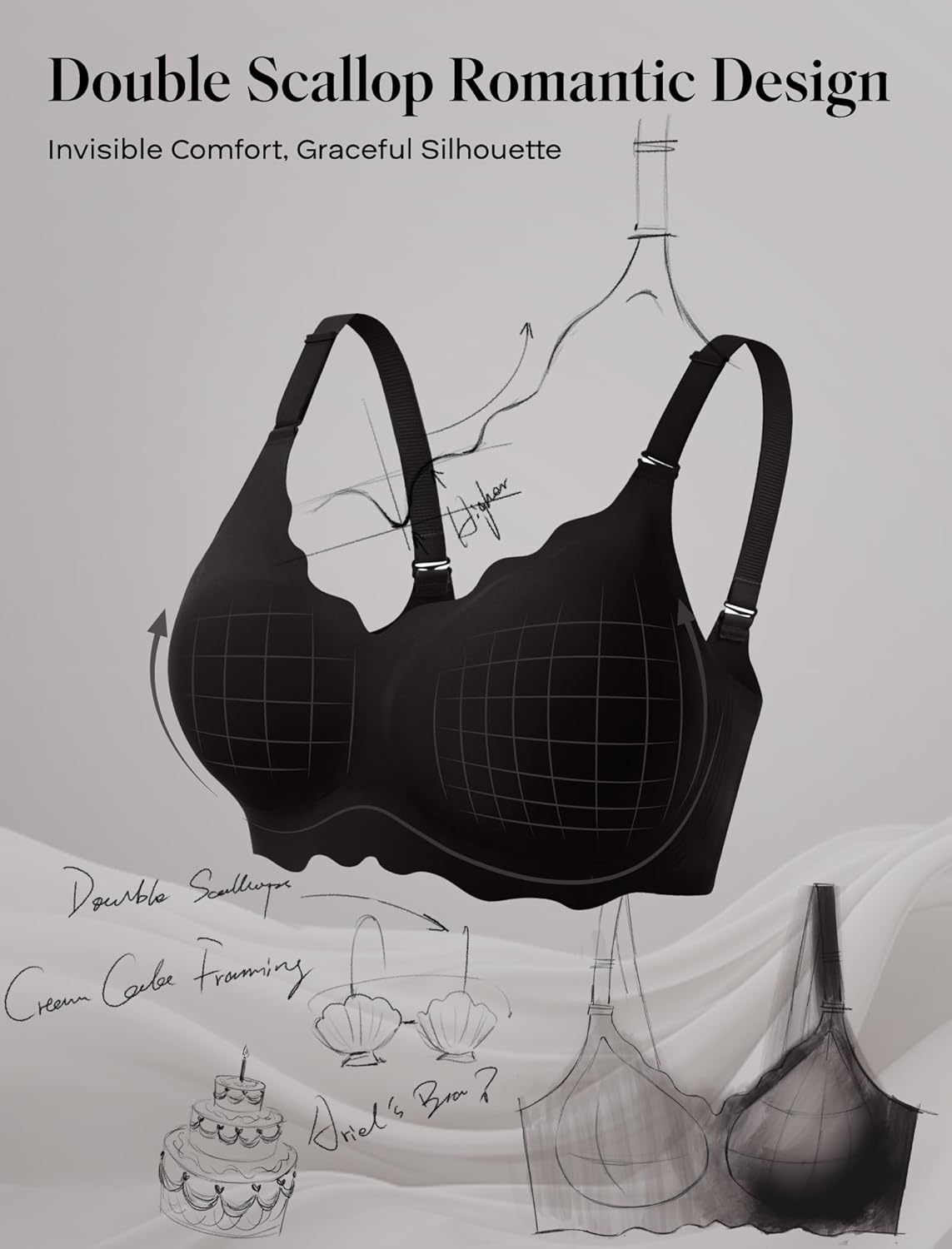 COMFELIE Seamless Wireless T-Shirt Bra for Women, Full Coverage No Underwire with Deep V Neck, U-Back & Lace Trim - Image 4