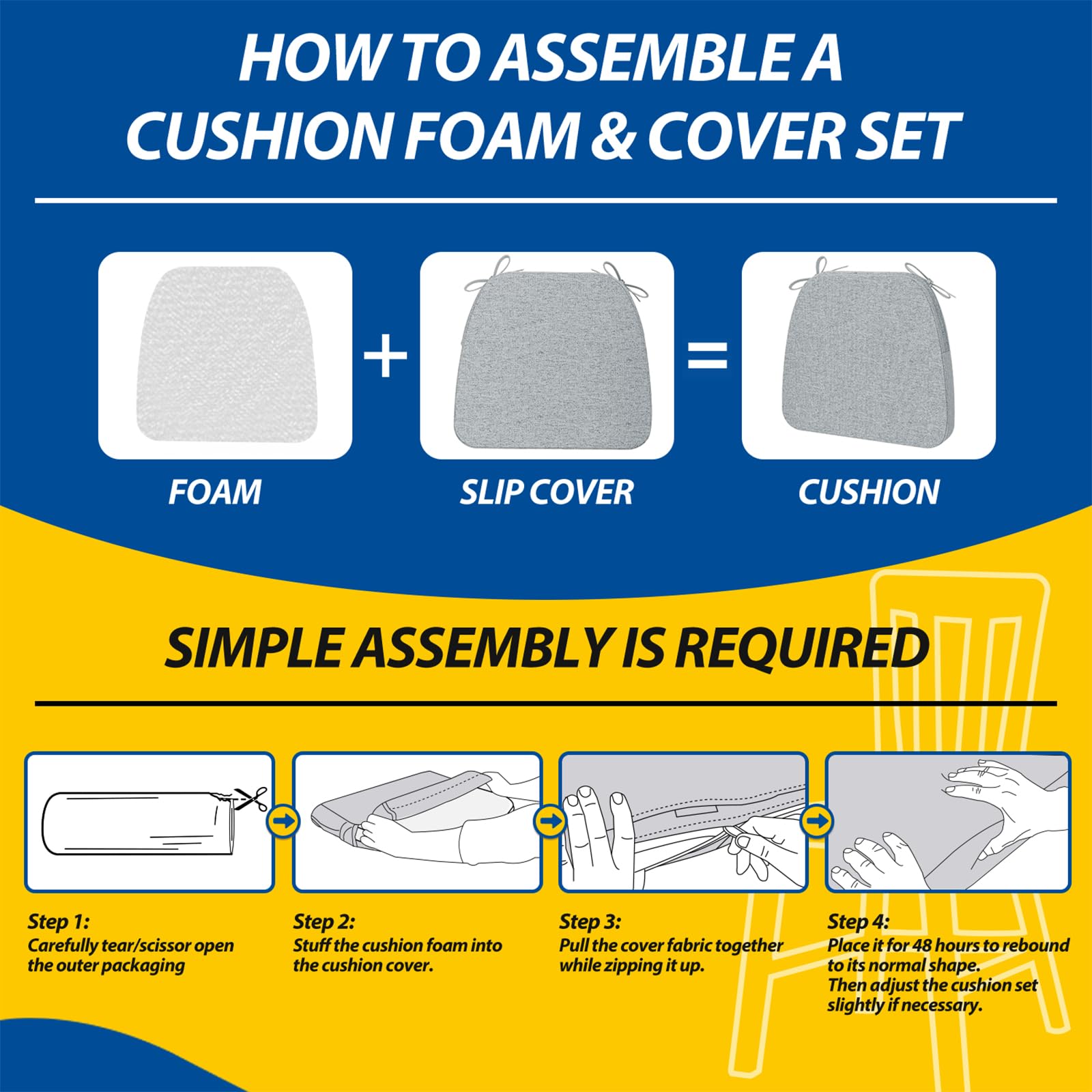 AAAAAcessories D-Shaped Chair Cushions for Dining Chairs with Ties and Removable Cover, 2'' Thick Dining Kitchen Chair Pads, Indoor Dining Room Chair Cushions, 17'' x 16'', 4 Pack, Gray