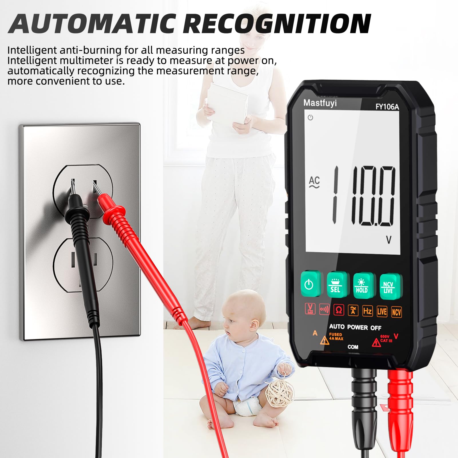 Multimetro Digitale, Multi-Tester NCV, Tester Elettrico Compatto e Intelligente, Auto-Range, Protezione da Sovraccarico, Vero Rms 4000, LCD Retroilluminato, Corrente/Tensione AC/DC, Continuità