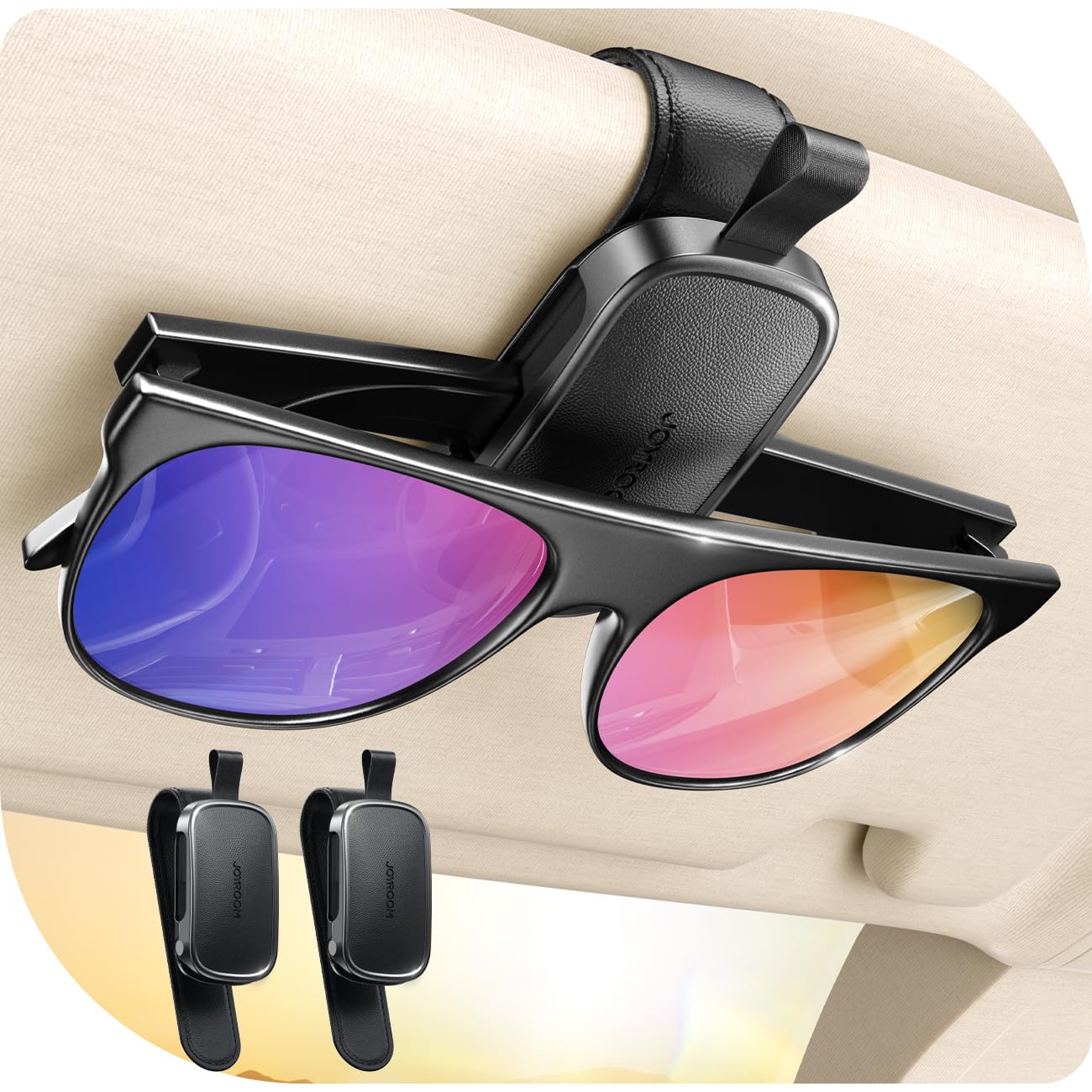 JOYROOM Real One-Handed Operation Sunglasses Holder for Car Soft Foam Protection Non-Slip Magnetic Leather Sunglasses Holder Visor Organizer