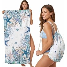 Watercolor Blue Starfish Beach Towel Bag 2 in 1,Convertible Towel&Backpack Classic Marine Life Corals Microfiber Beach Blanket with Drawstring Bag for Travel Pool Swim Camping Picnic,31"x63"