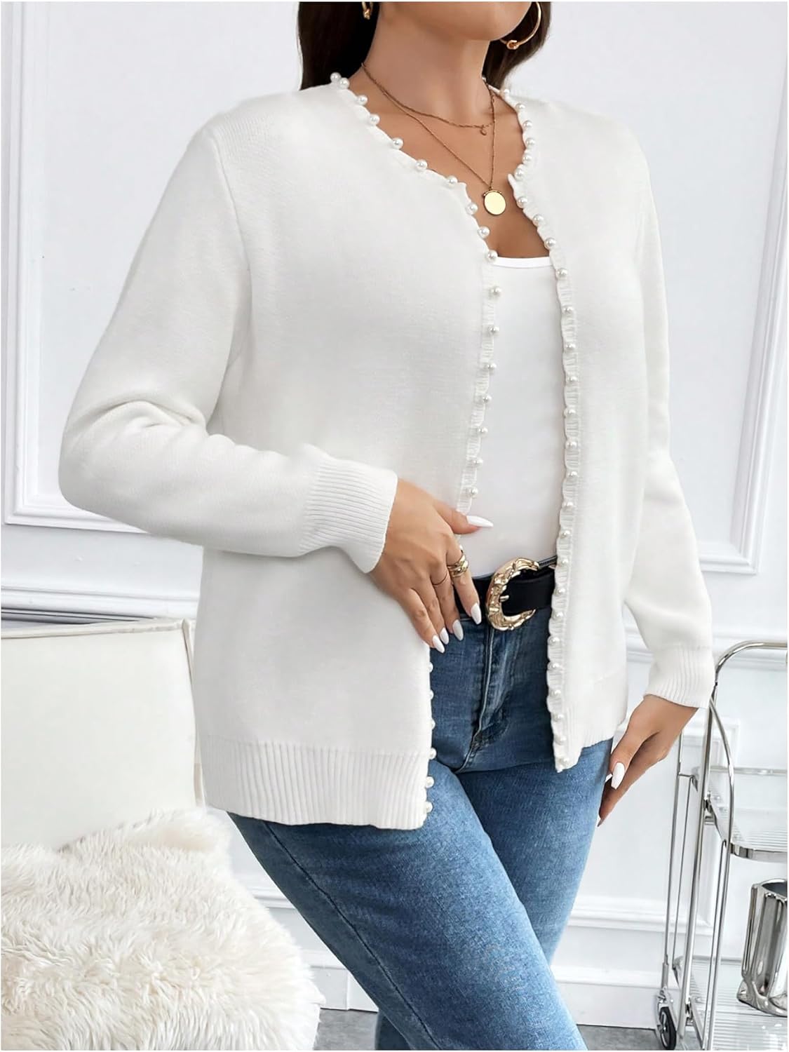 Women's Plus Size Pearls Beaded Cardigan Open Front Long Sleeve Casual Sweater Top - Image 3