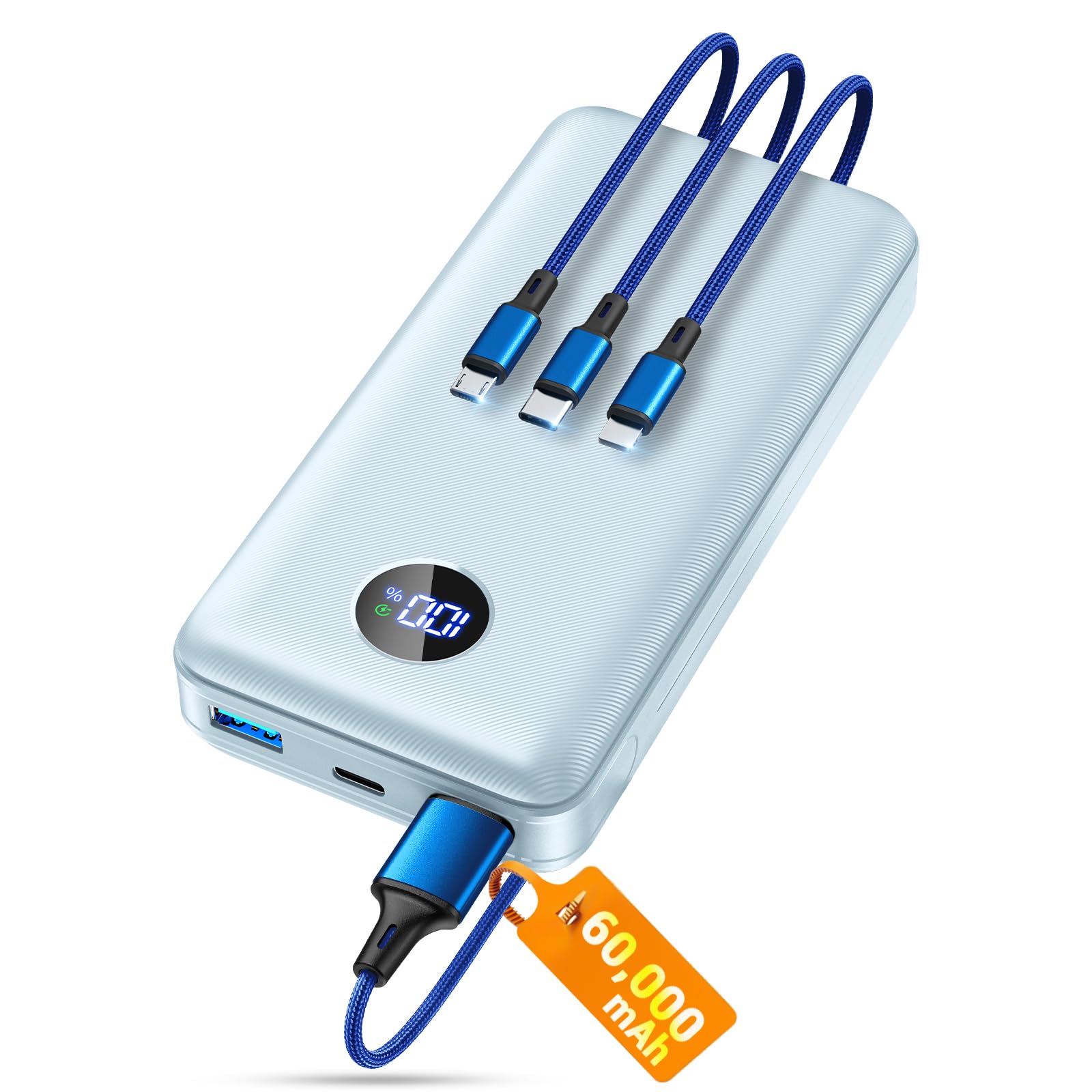 Portable Charger Power Bank 60000mAh Battery Pack with 3 in 1 USB-C iOS Micro-USB Cable 22 5W Fast