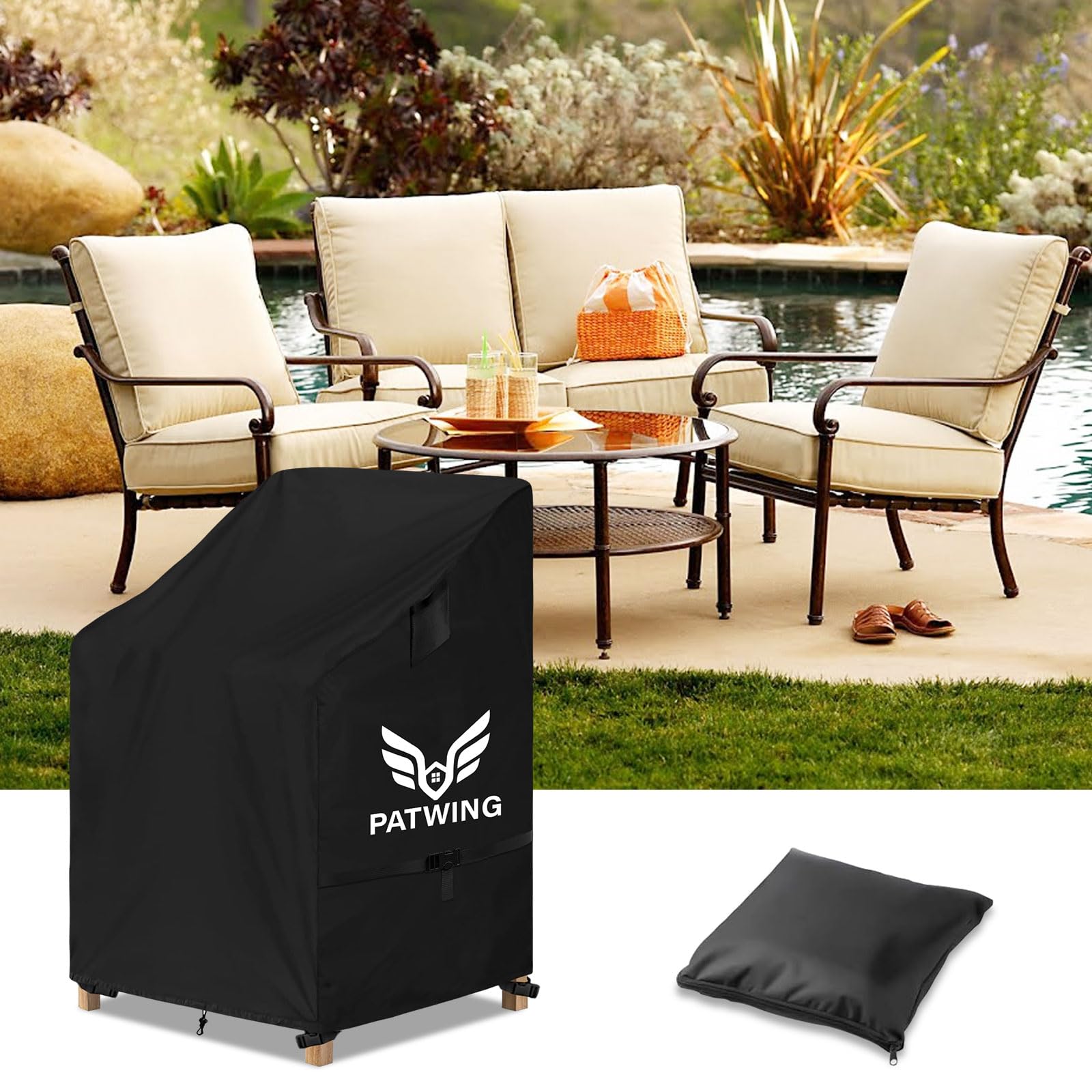 Copri Sedie Esterno, 600D Oxford Copertura per sedie da giardin, Impermeabile anti-UV, Mobili Da Giardino Coprisedie da Esterno, per sedie da giardino e balcone impilabili (70x70x85/125cm)